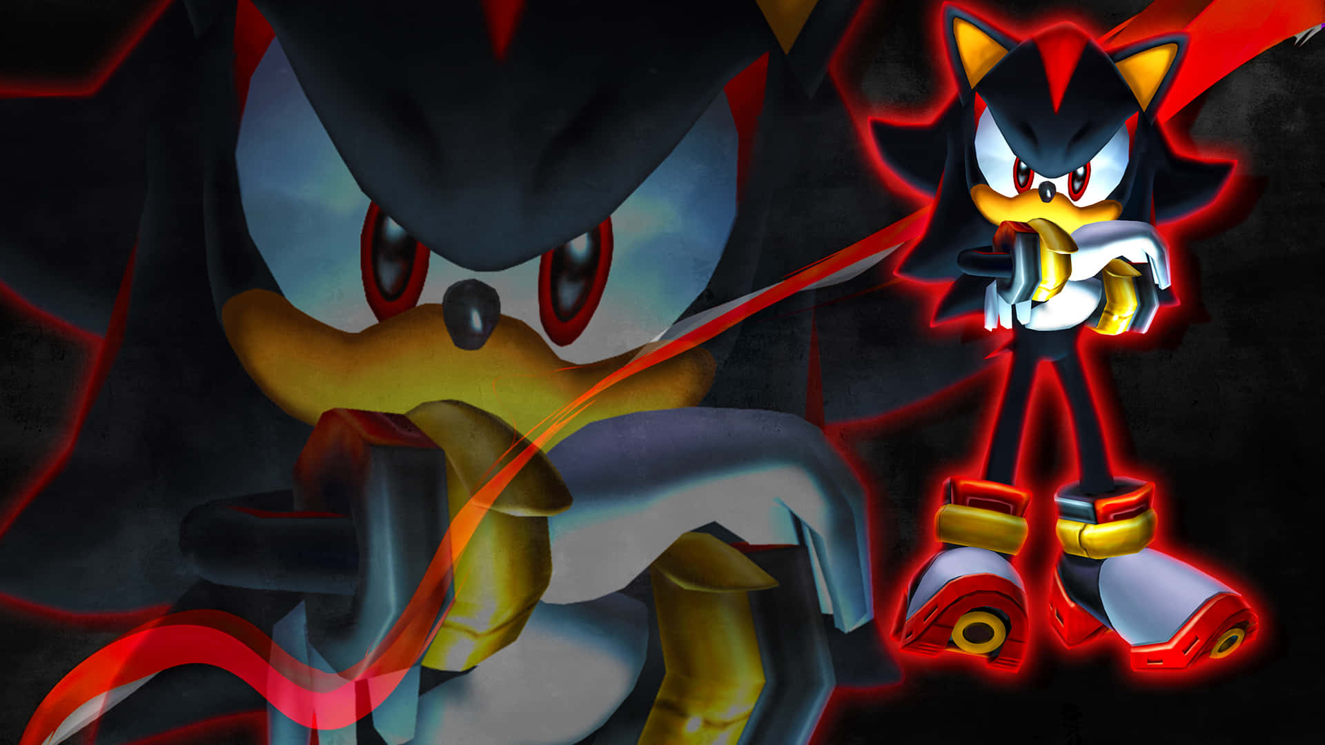 索尼克與塔爾斯在《索尼克冒險HD》中疾馳 壁紙 — Shadow the Hedgehog 站在一個黑暗、紅光照耀的場景中，帶有發光的能量條紋和威脅的表情。