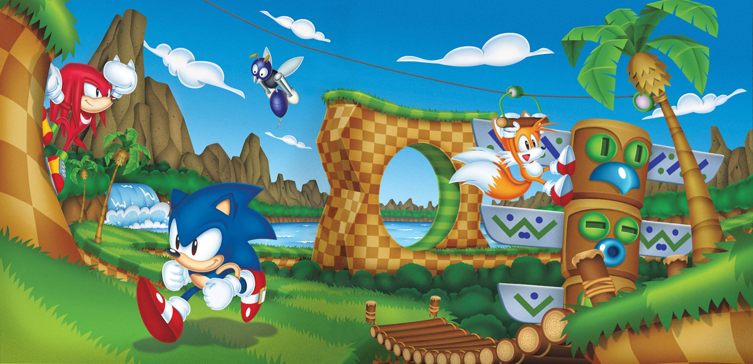 索尼克與夥伴的綠色山丘區 壁紙 — Sonic the Hedgehog 與 Tails 和 Knuckles 在色彩繽紛的卡通風景中穿越充滿活力的叢林。