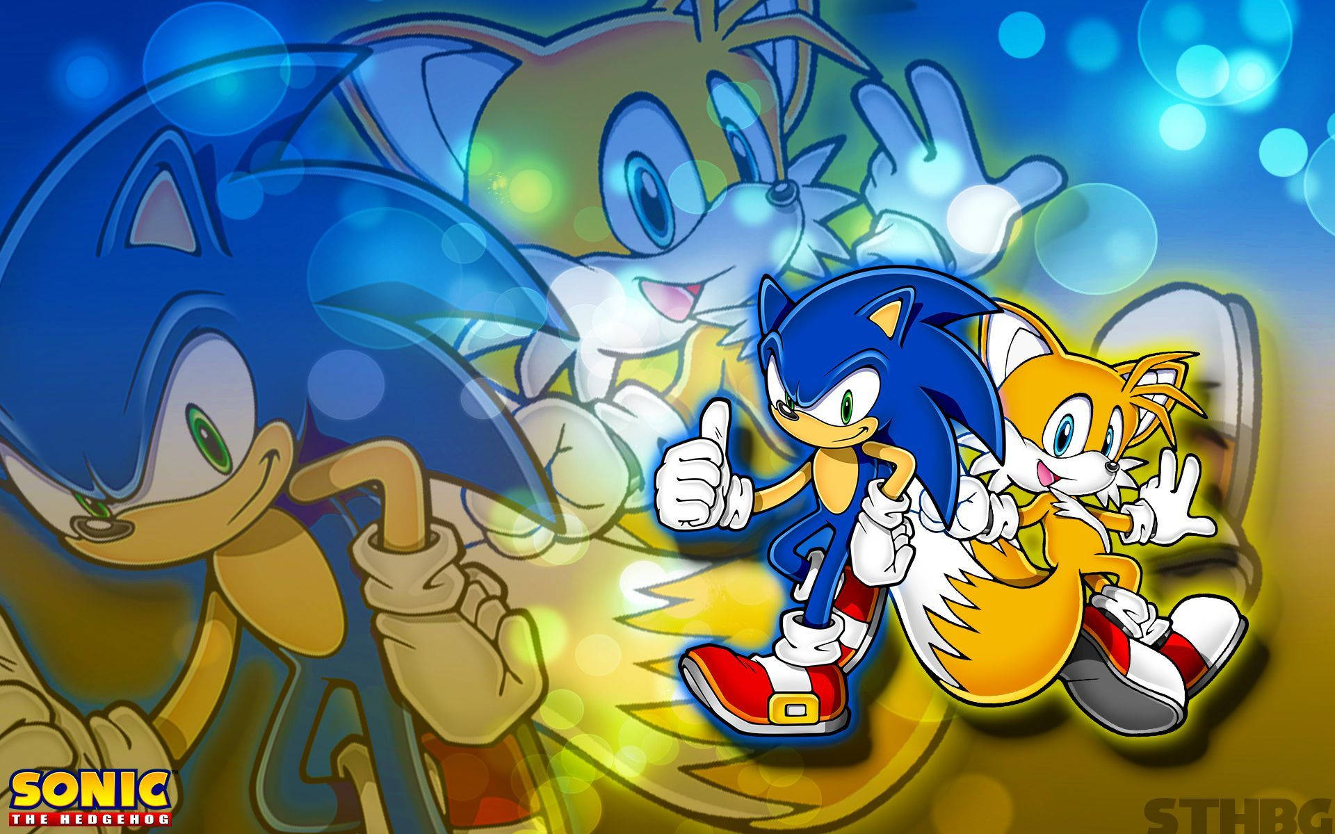 Sonic 同 Tails 喺色彩繽紛嘅動畫場景中豎起拇指奔跑。