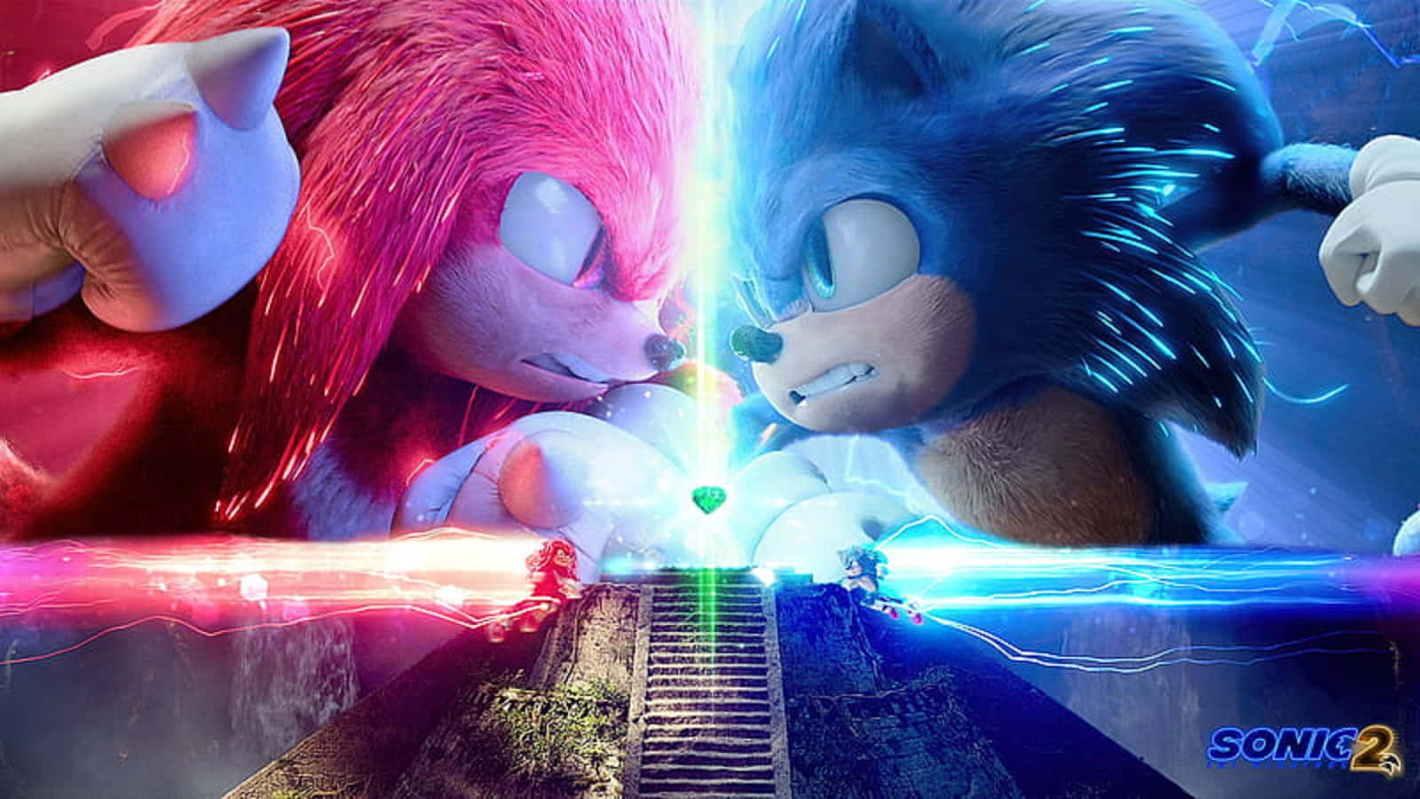 Chaos Emeralds 桌布 壁紙 — 索尼克與納克魯斯在石橋上以藍色和粉紅色能量的發光碰撞對峙。