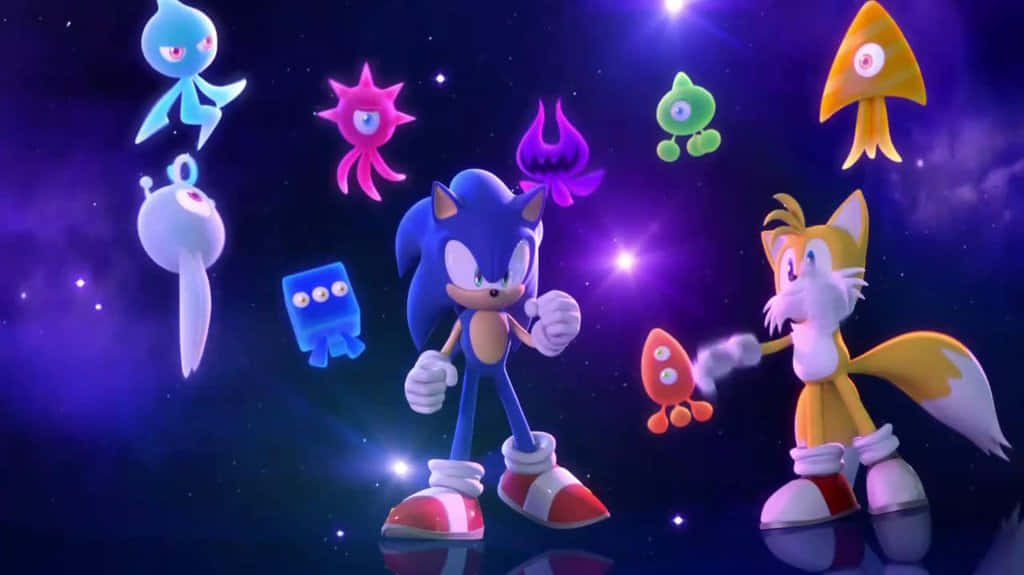 Sonic 同 Tails 喺太空入面，有發光嘅外星生物喺佢哋周圍漂浮。