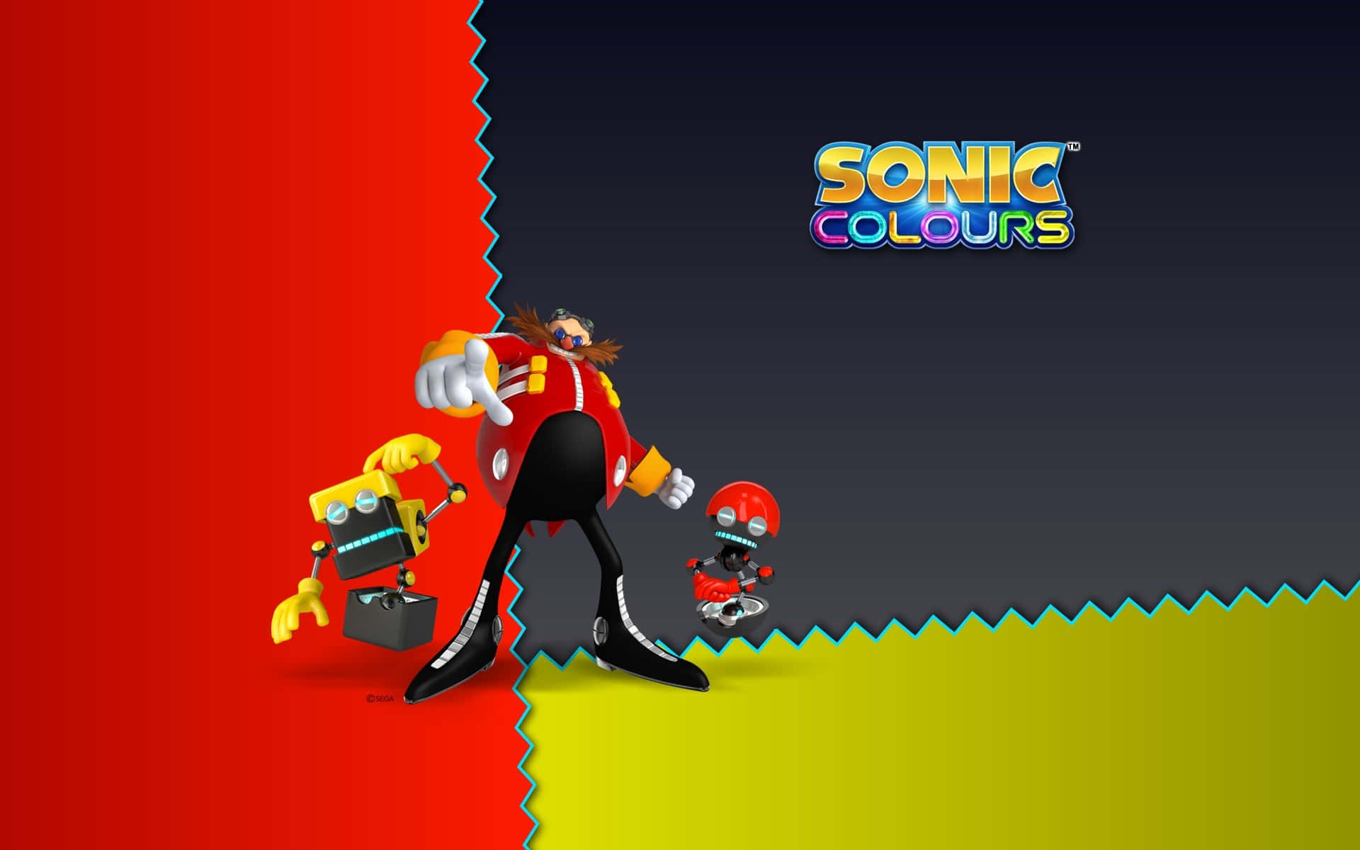 Sonic Colours 遊戲藝術中的 Dr Eggman 與機械人，紅綠分割背景