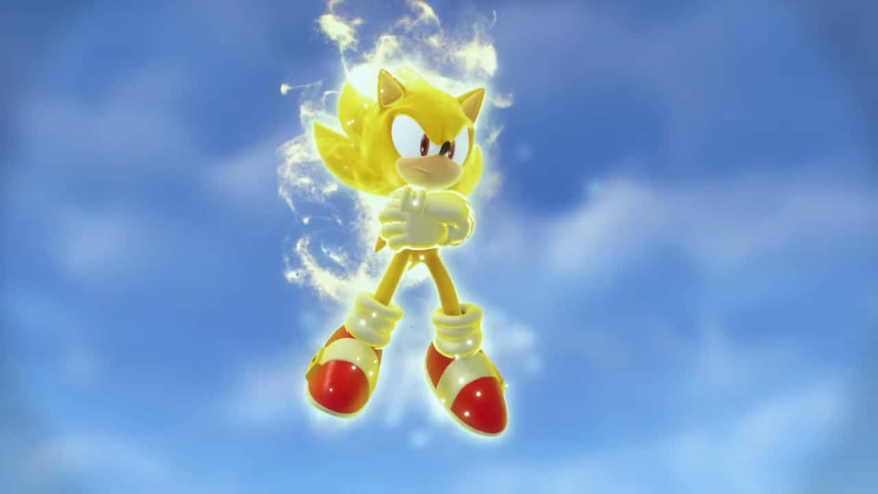金色嘅Sonic the Hedgehog喺天空漂浮，帶有發光能量光環。