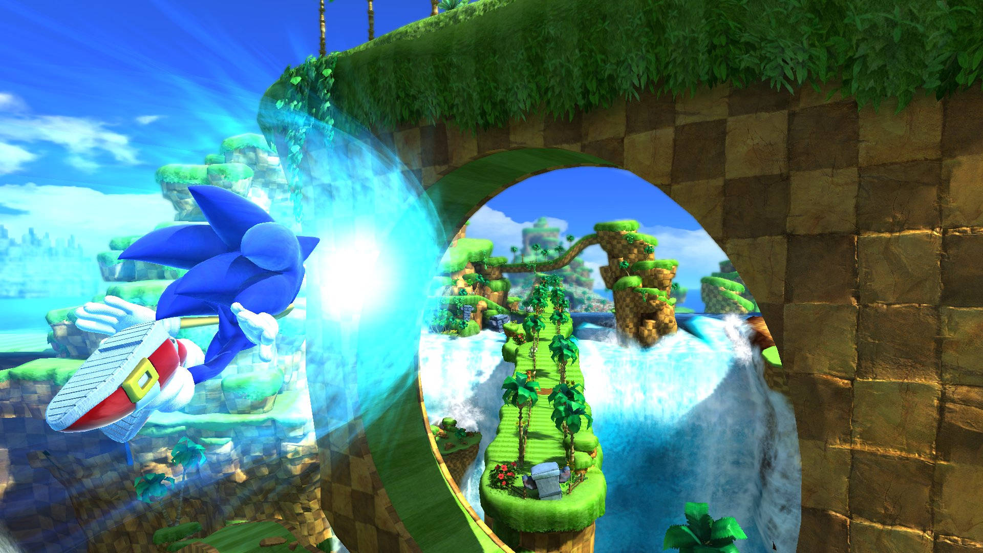 Sonic the Hedgehog 在色彩繽紛的遊戲關卡中穿過發光的圓環奔跑。
