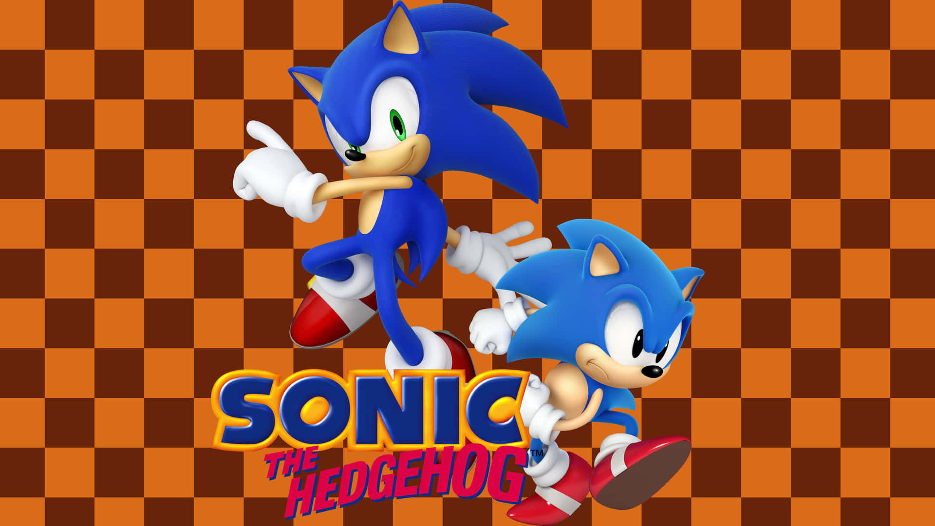 兩隻藍色刺蝟在格仔背景上奔跑，帶有『Sonic the Hedgehog』標誌。