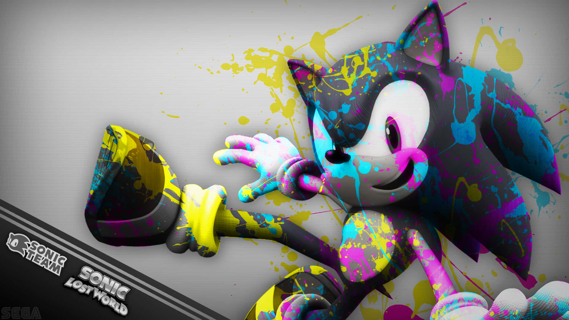 Sonic Fan Art 桌布 壁紙 — 索尼克被鮮豔的顏料飛濺覆蓋，在灰色背景上以遊戲標誌文字動態擺姿勢。