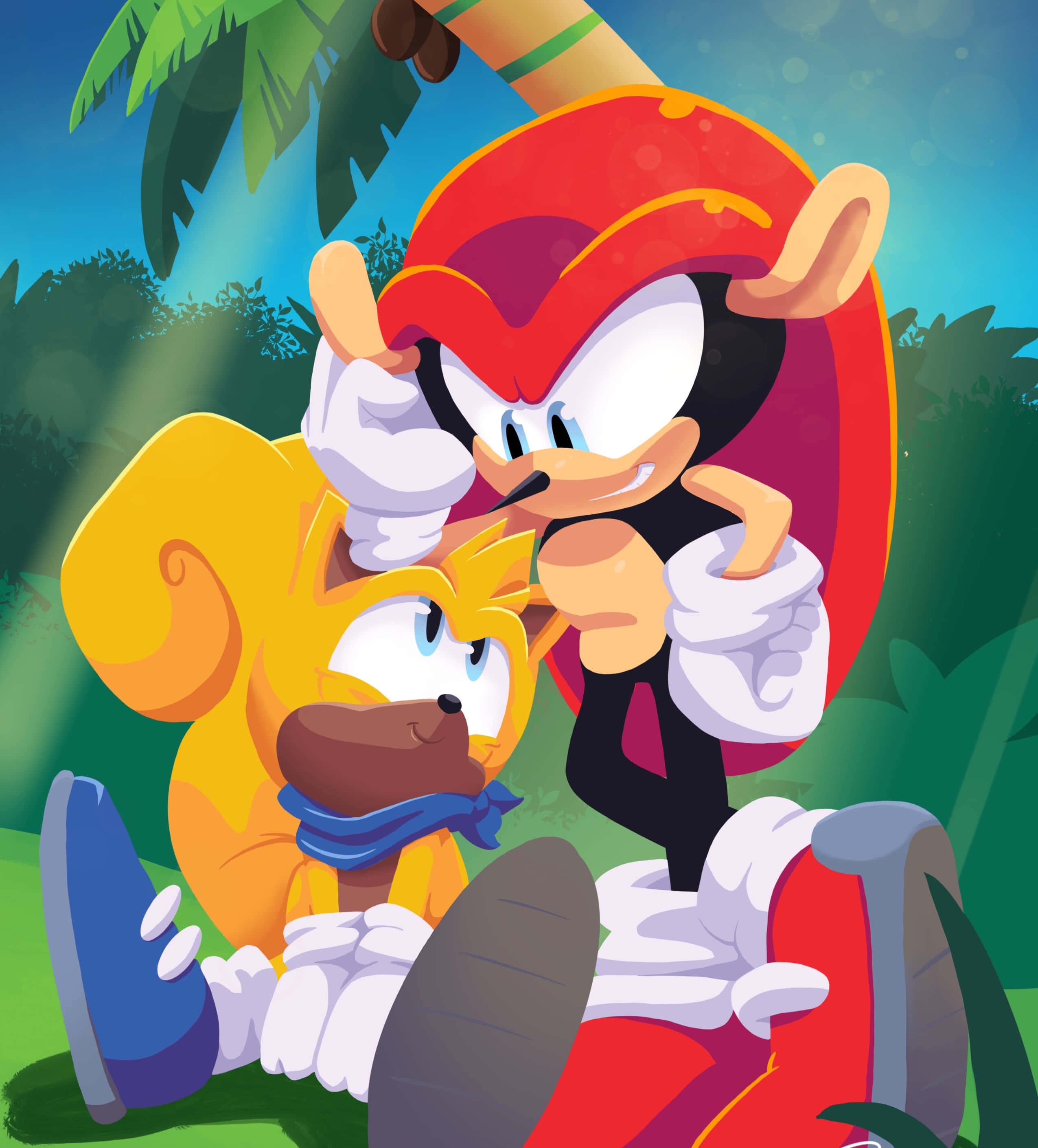 Mighty The Armadillo 桌布 壁紙 — 索尼克角色 Knuckles 和 Tails 在充滿活力的叢林環境中愉快地擺姿勢，背景有棕櫚樹和陽光照耀的樹葉。