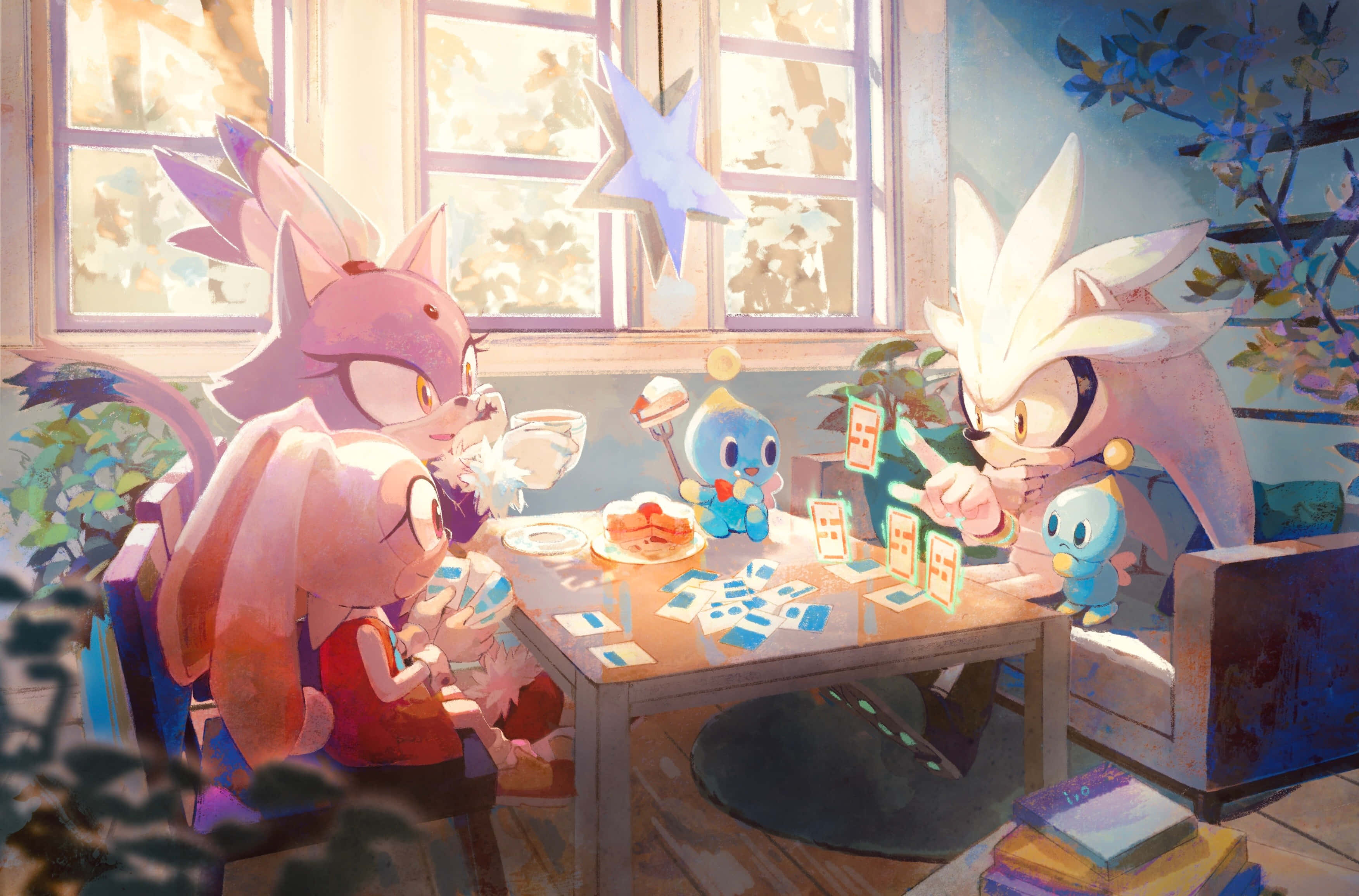 Sonic The Hedgehog Characters 桌布 壁紙 — 索尼克角色聚集在一張木桌旁，在一個陽光充足、有大窗戶和懸掛星星裝飾的房間裡玩紙牌。