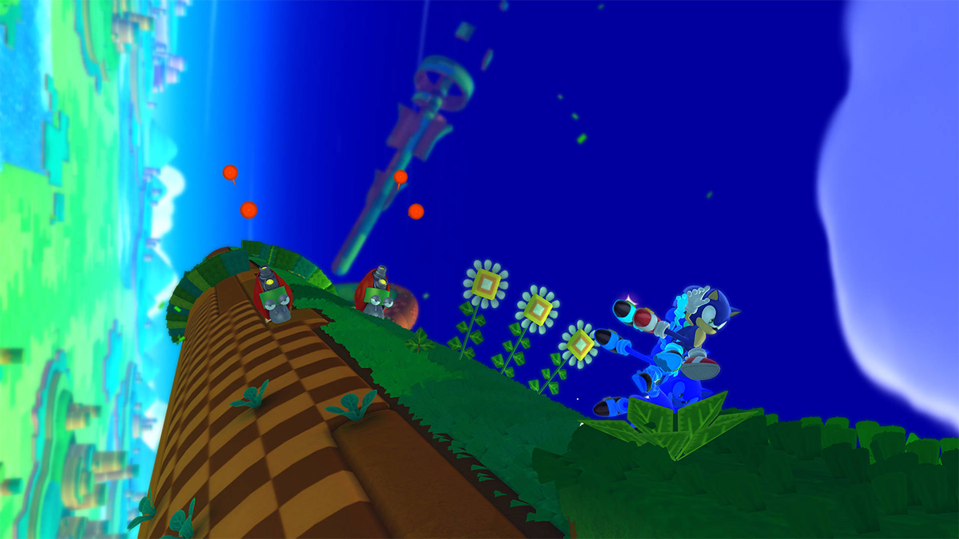 索尼克迷失世界山丘賽道 壁紙 — Sonic the Hedgehog 喺一個有發光花朵同漂浮劍嘅格仔山坡上奔馳，係一個充滿活力嘅3D渲染遊戲場景。