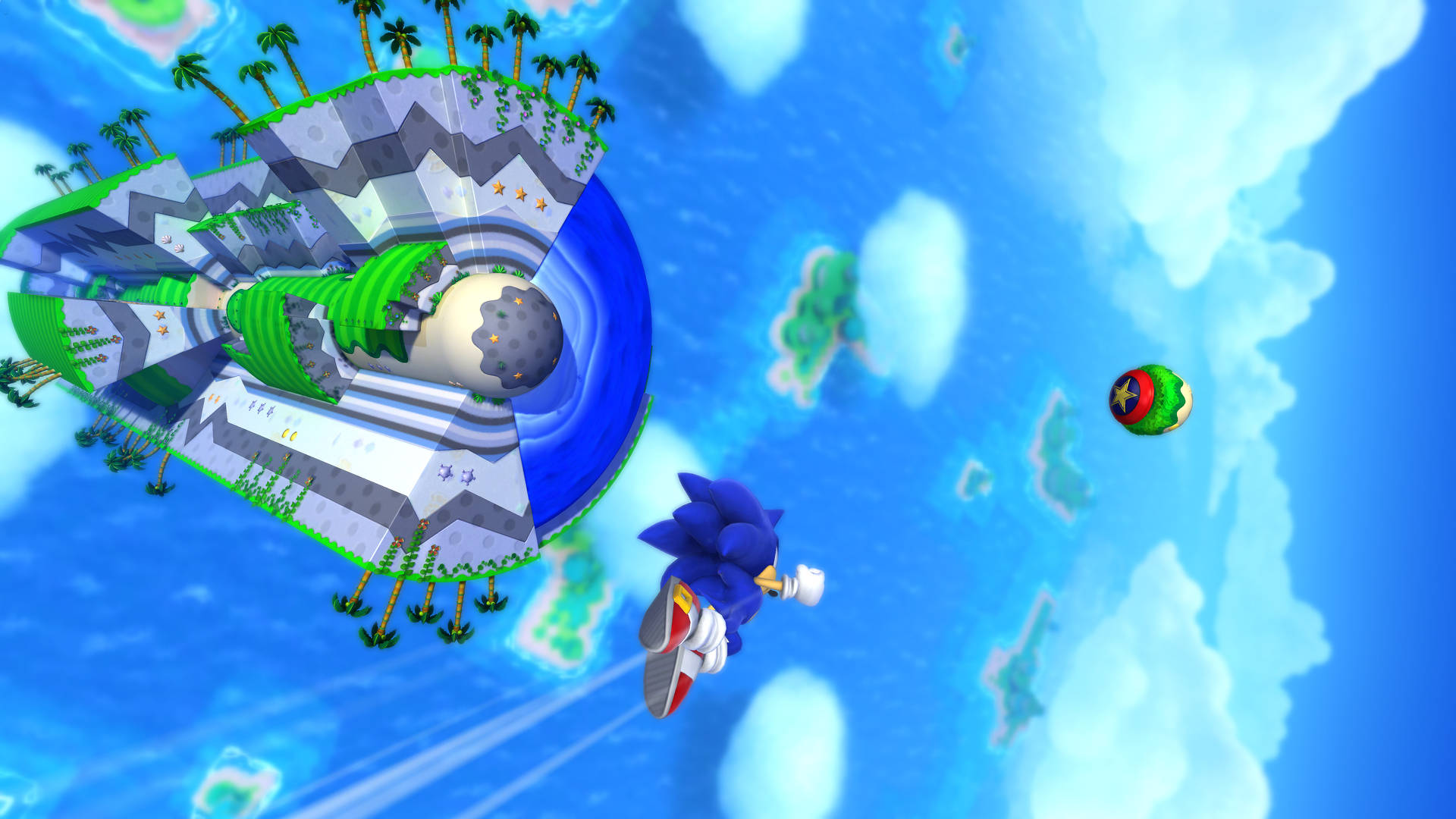 索尼克迷失世界熱帶海岸 壁紙 — Sonic the Hedgehog 在明亮的藍天中飛向一個有棕櫚樹和火山的浮空島。
