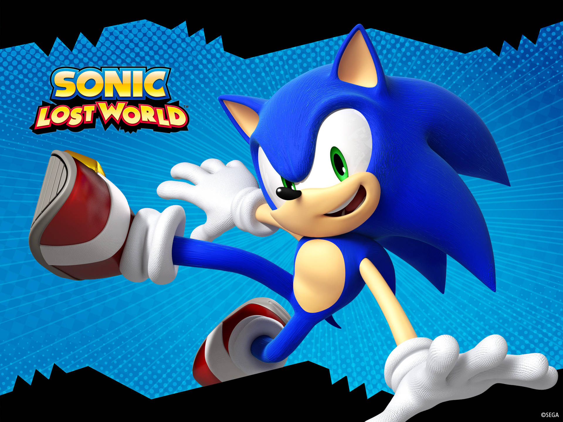 索尼克迷失世界索尼克 壁紙 — Sonic the Hedgehog 在藍色漫畫風格背景上動態奔跑，帶有 'Sonic Lost World' 標題。