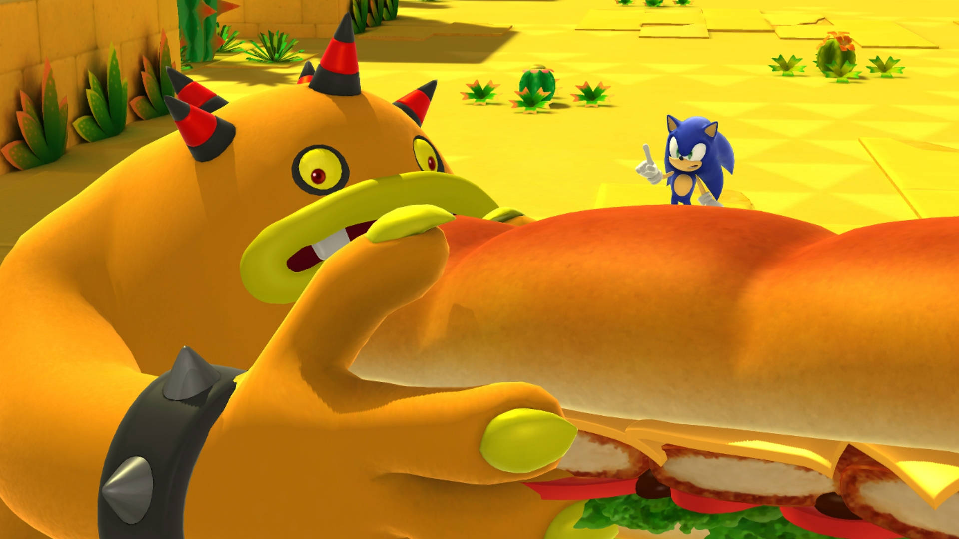 索尼克迷失世界致命六獸祖莫恩 壁紙 — Sonic the Hedgehog 在陽光明媚的沙漠場景中面對一個拿著巨大漢堡的巨型黃色怪物。