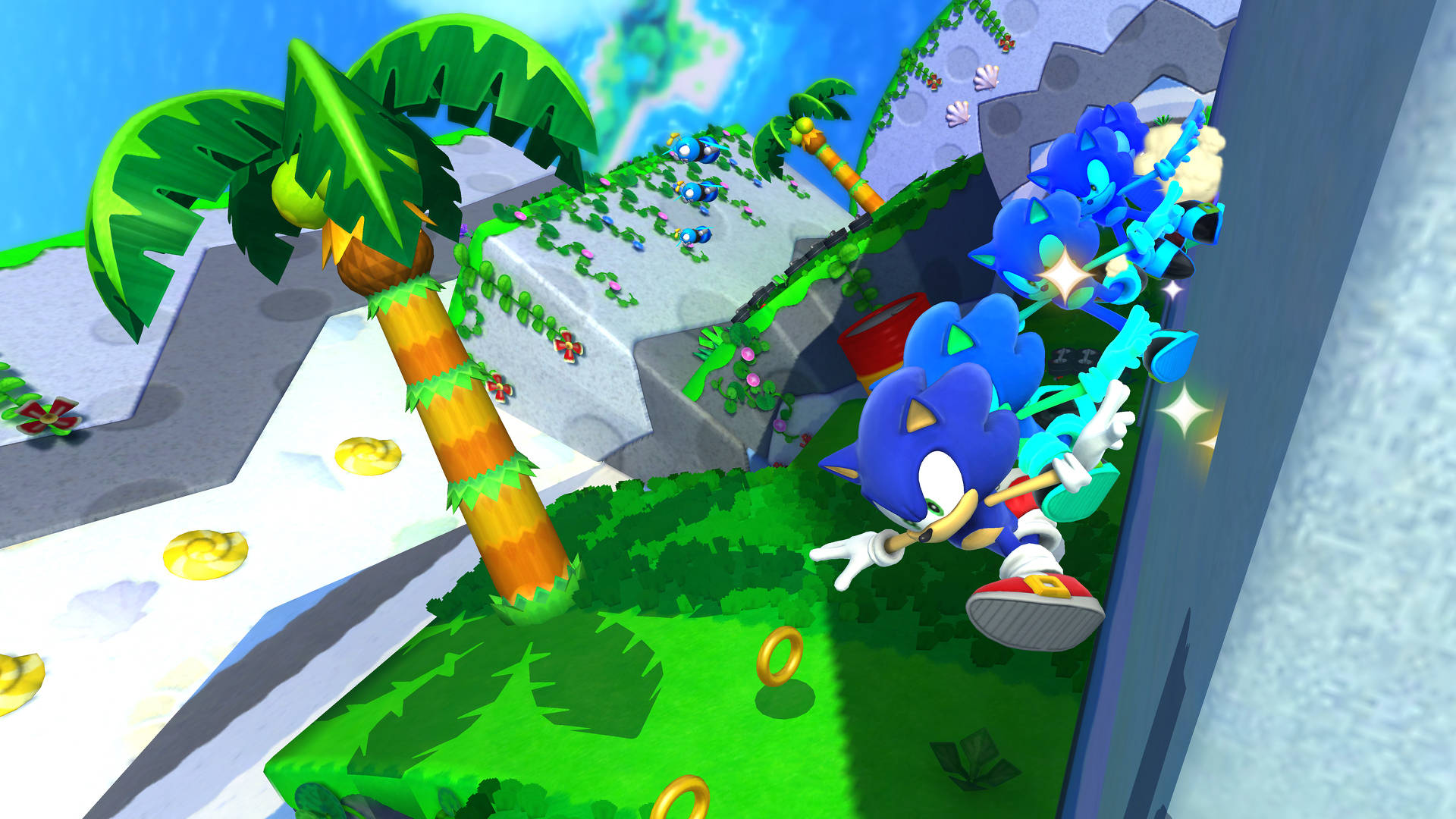 索尼克迷失世界薩爾達傳說區 壁紙 — Sonic the Hedgehog 在充滿活力的叢林關卡中疾馳，有棕櫚樹、金色環圈和發光的藍色軌跡。