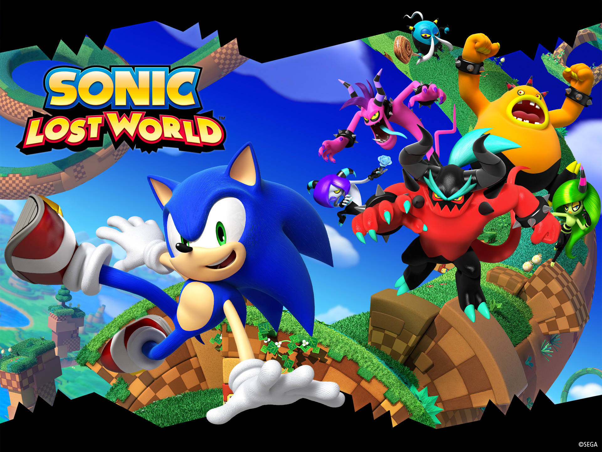 索尼克迷失世界遊戲海報 壁紙 — Sonic the Hedgehog 在充滿活力的 3D 渲染遊戲場景中向前衝刺，周圍有色彩繽紛的敵人和浮島。