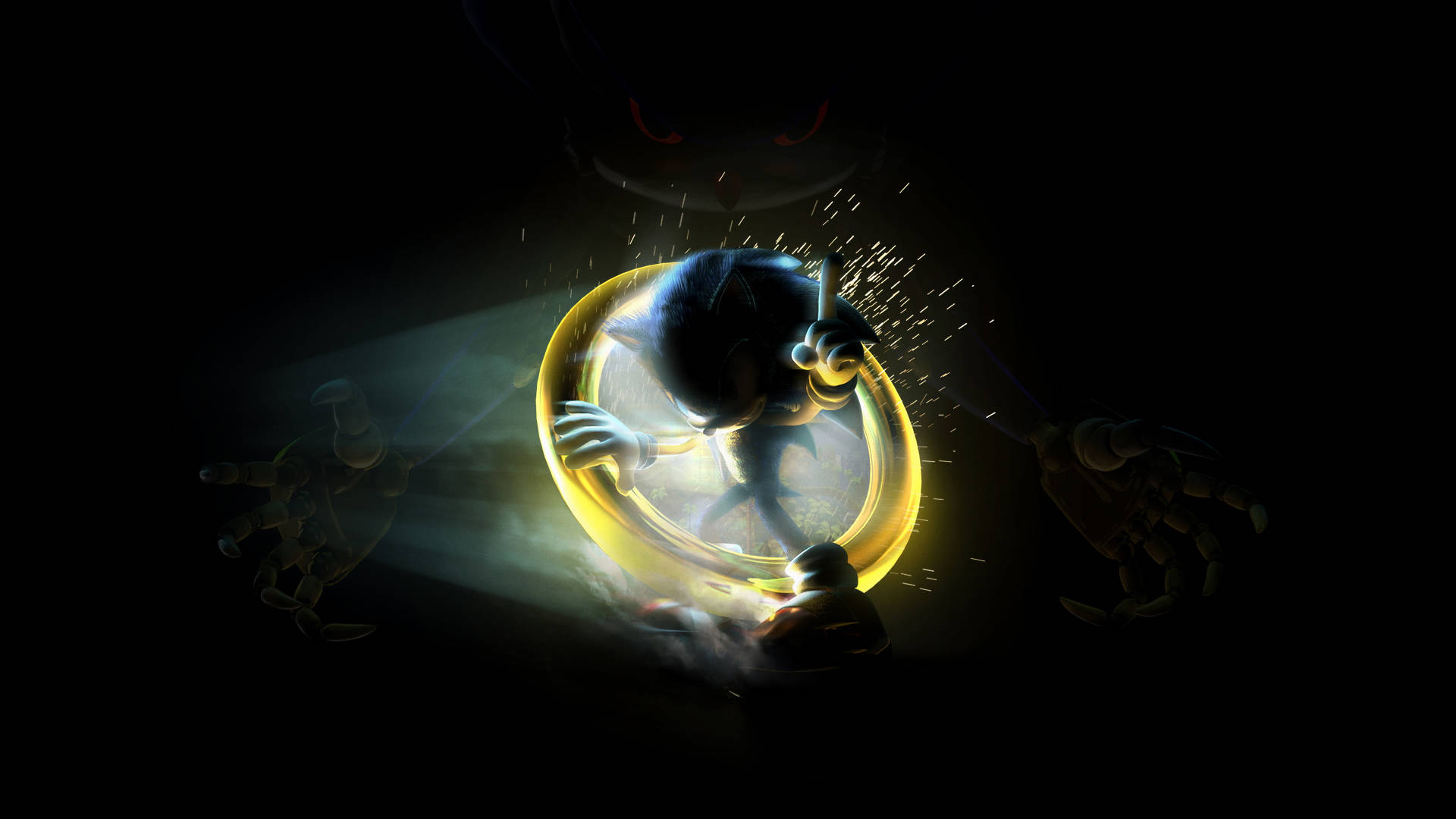 Sonic the Hedgehog 被困在發光的圓環中，陰影般的手伸出。