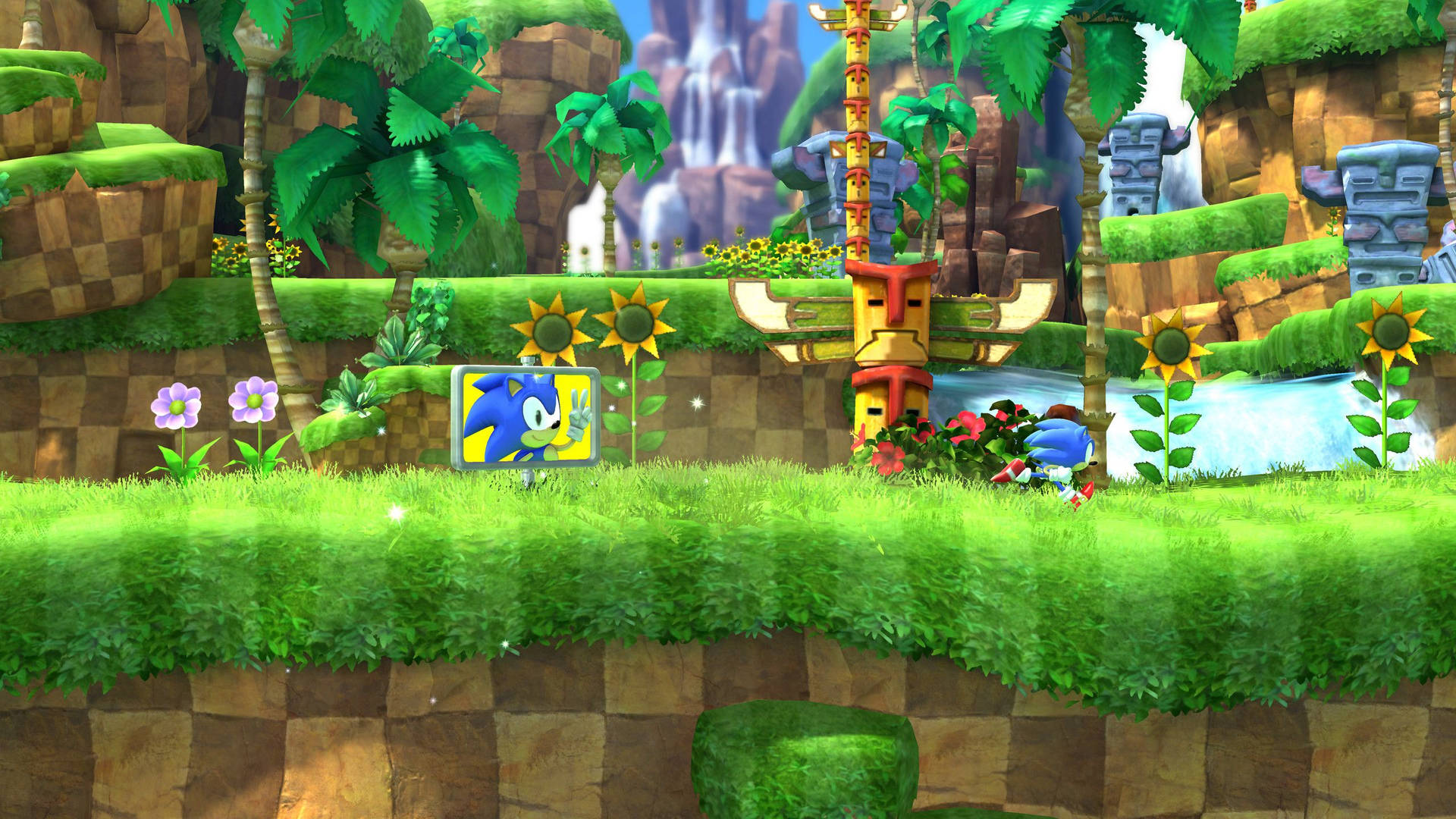 Sonic the Hedgehog 穿過一個茂密的叢林，有向日葵和瀑布。