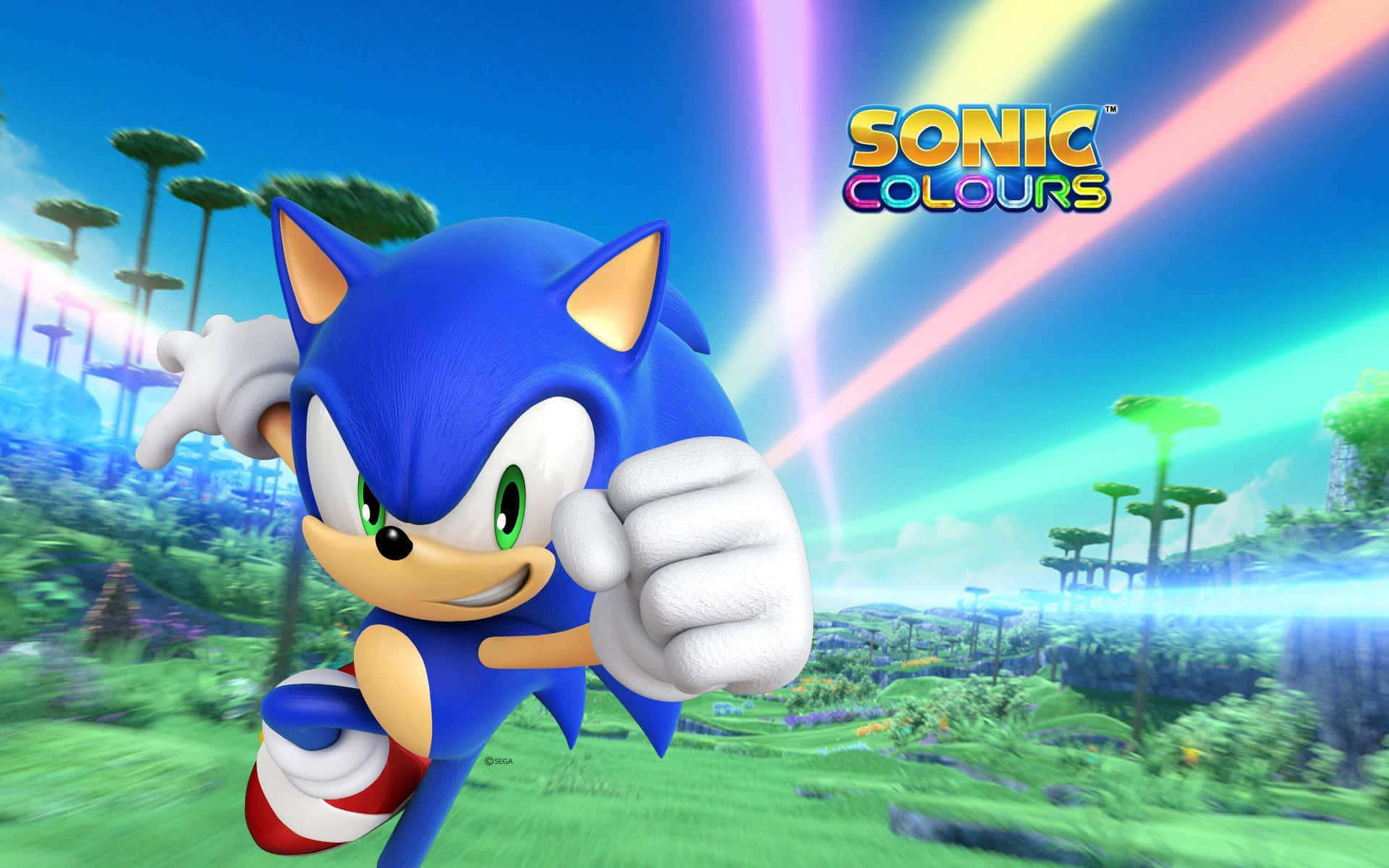 Sonic the Hedgehog 喺充滿彩虹光線嘅色彩繽紛外星世界中奔跑。