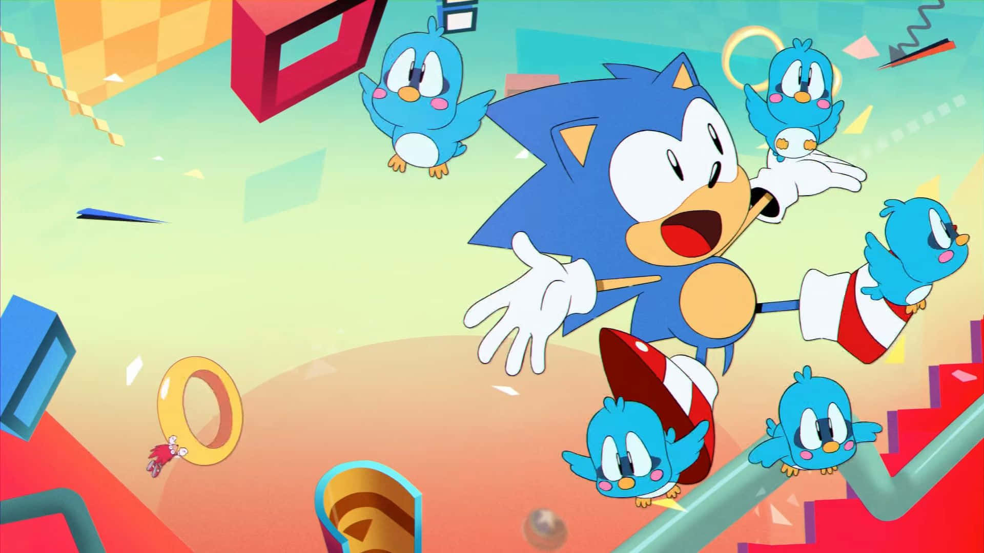 Classic Sonic 桌布 壁紙 — 索尼克開心地奔跑在色彩繽紛的3D遊戲世界中，周圍有藍色鳥類生物和漂浮的金環。