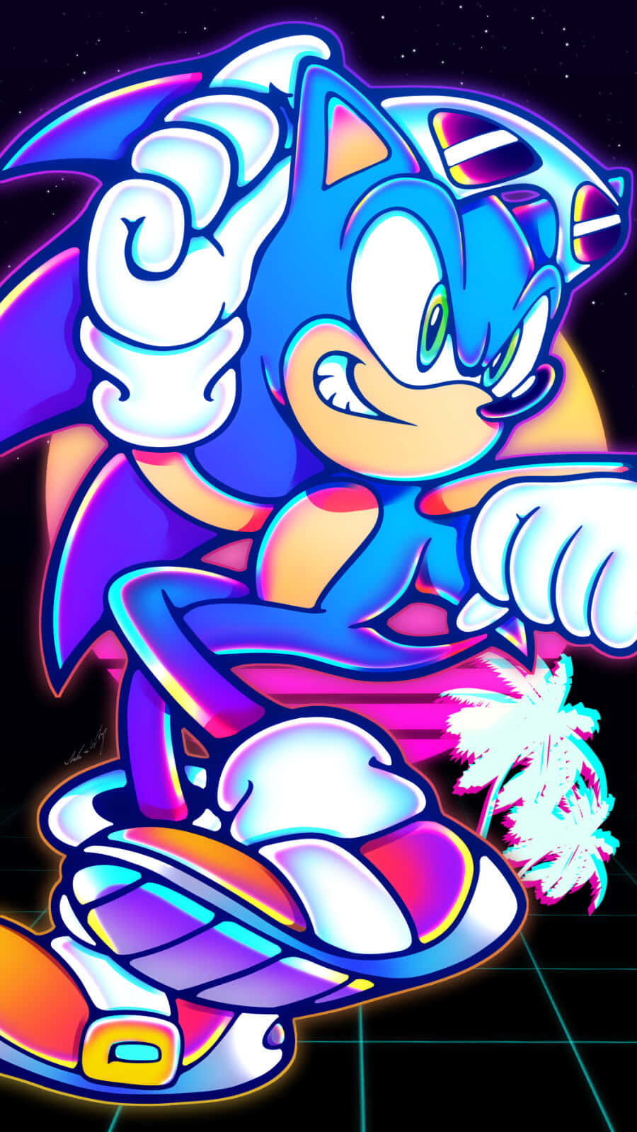 索尼克電光閃耀的粉絲藝術 壁紙 — Sonic the Hedgehog 以鮮豔的霓虹色彩在星光燦爛的夜間網格背景上動態奔跑，伴隨著發光的棕櫚樹。