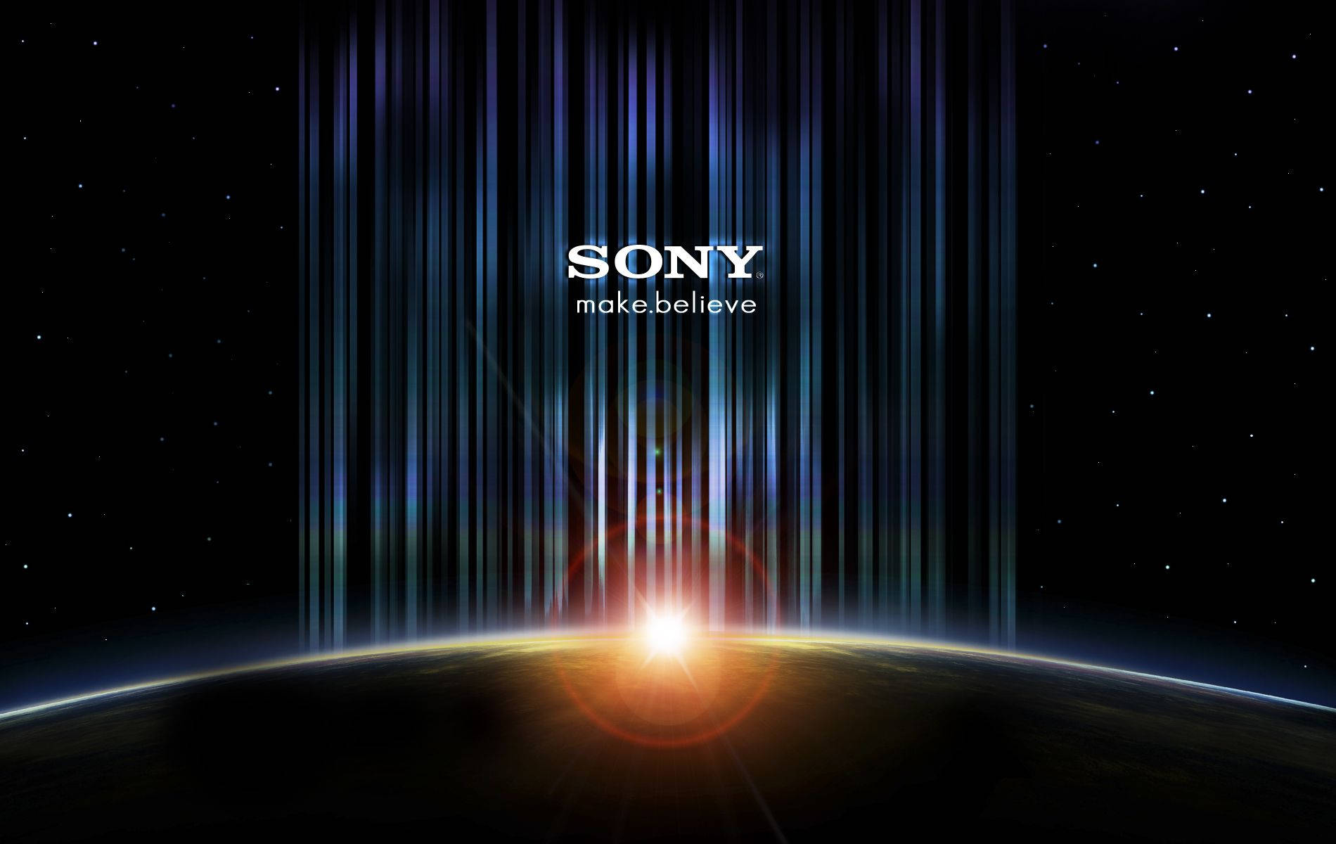 索尼幻境設計 壁紙 — 在一個星球上，宇宙日出伴隨著垂直光束，Sony標誌在繁星點點的黑夜中閃耀。