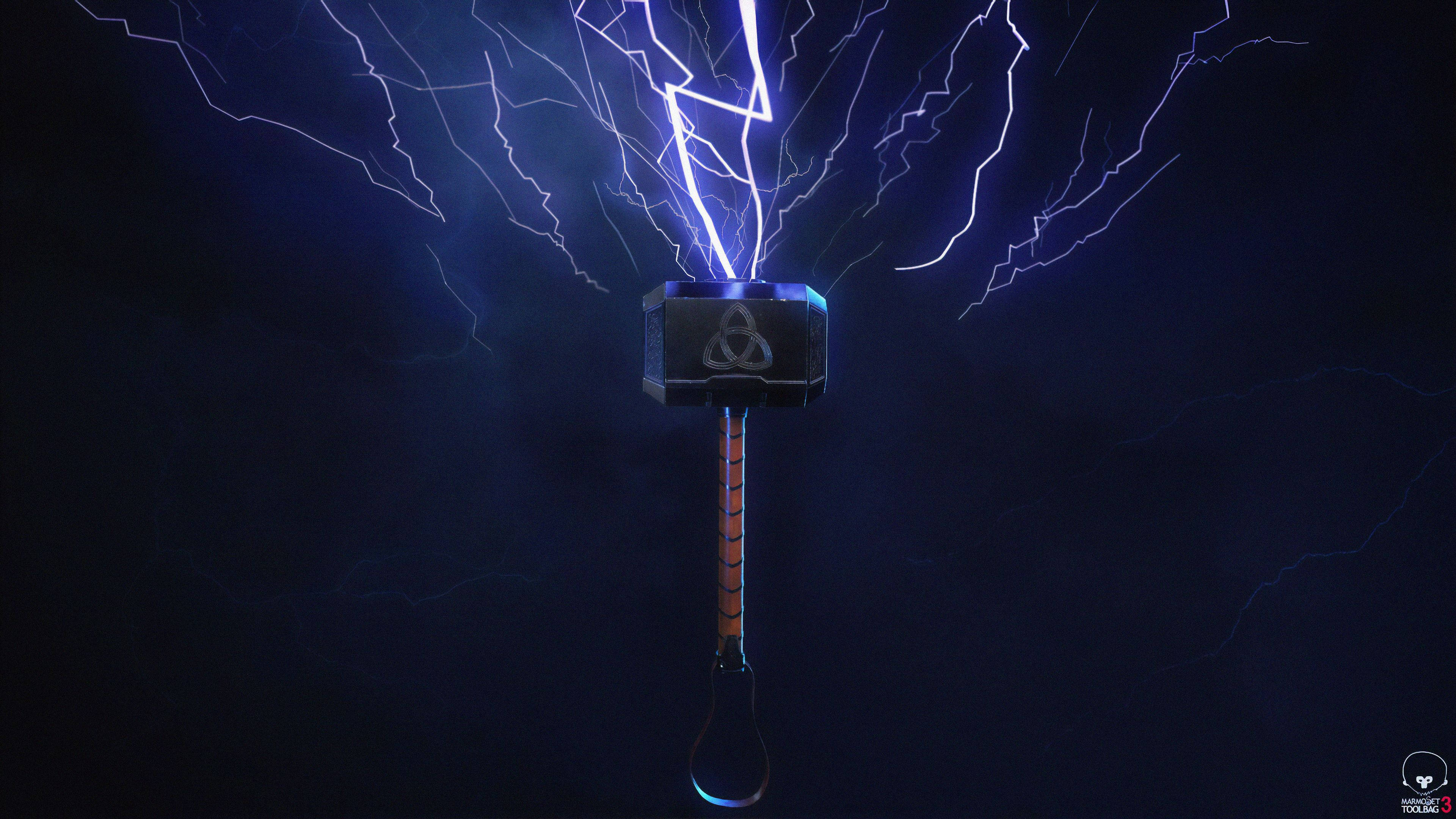 索爾之錘與紫色閃電 壁紙 — 雷神之鎚妙爾尼爾在黑暗的暴風雨天空中發出電光藍色的閃電。