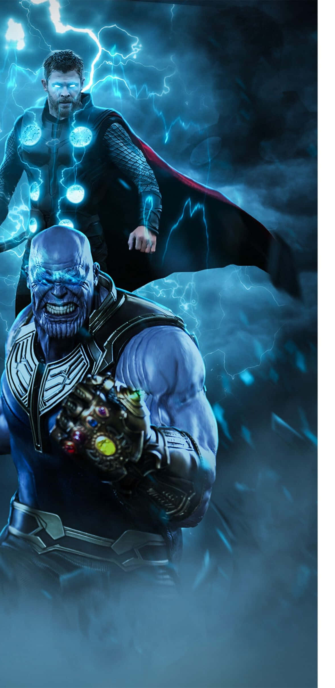 Thanos 桌布 壁紙 — 索爾揮動閃電，而薩諾斯緊握無限手套，在黑暗暴風雨的戰鬥場景中。