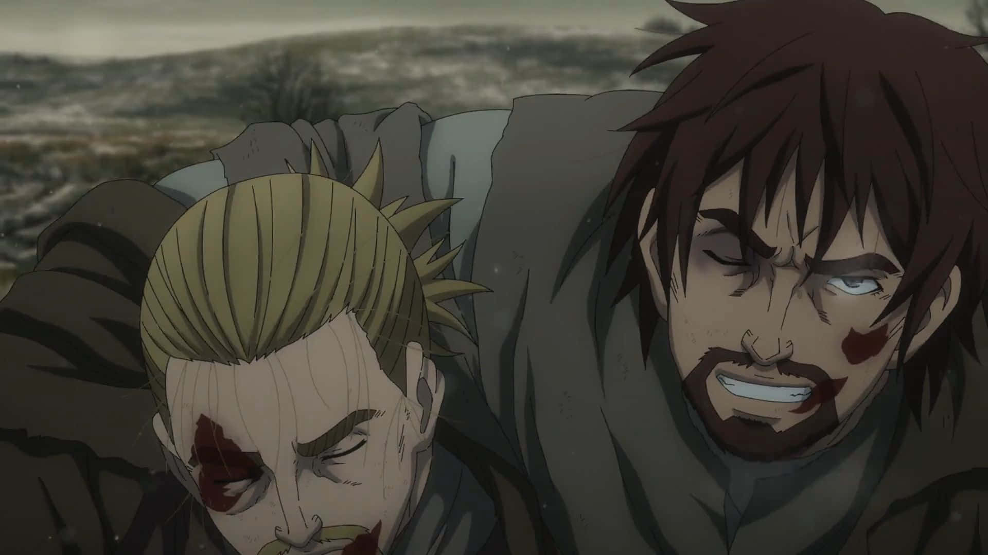 兩位動漫士兵滿臉鮮血，站在泥濘的戰場上。