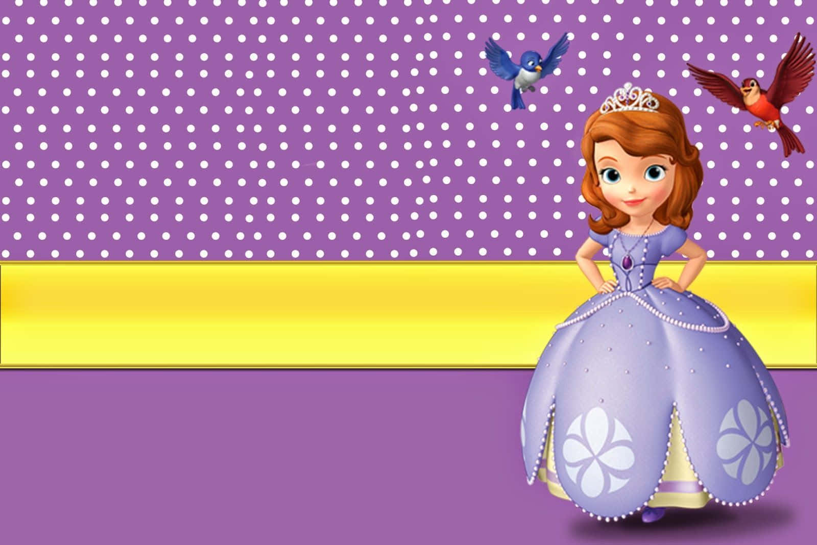 Sofia The First 桌布 壁紙 — 索菲亞公主身穿紫色長袍，站在一條黃色絲帶旁邊，兩隻鳥在圓點背景上方飛翔。