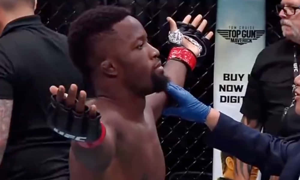 UFC拳手在八角籠中慶祝勝利，裁判停止比賽。