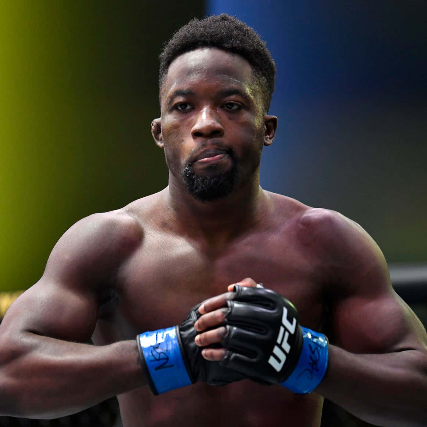 一位專注的男性MMA戰士，戴著UFC手套，擺出戰鬥姿勢。