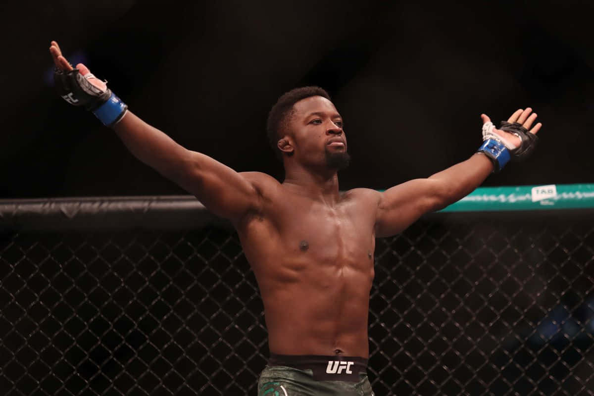 一位勝利的MMA拳手在八角籠內高舉雙臂。