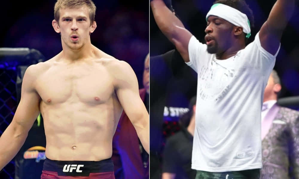兩名UFC拳手，一名專注，另一名在八角籠中慶祝勝利。