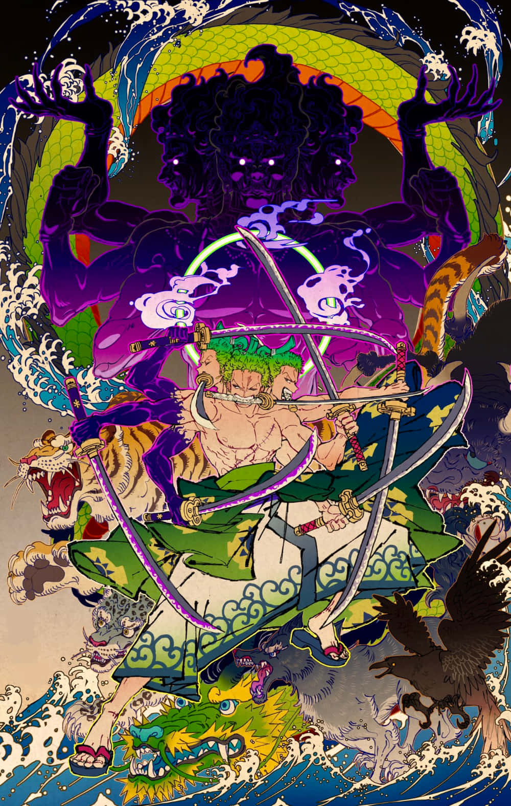 索隆和之國阿修羅 壁紙 — 一個兇猛的動漫戰士，綠色頭髮，在紫色惡魔下，於旋轉的波浪和神話野獸中揮舞三把劍。
