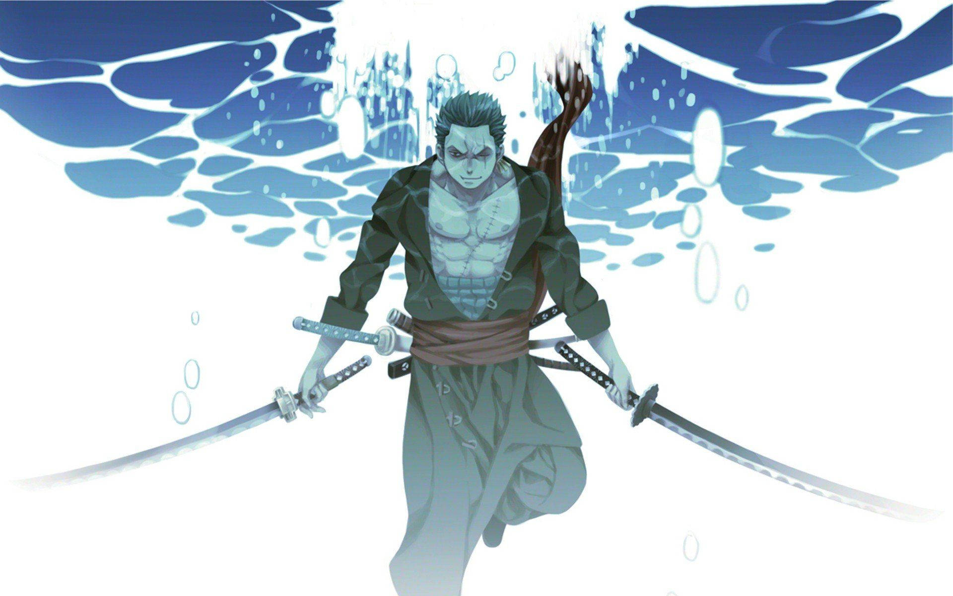 動漫戰士手持雙劍，伴隨氣泡衝破水面。