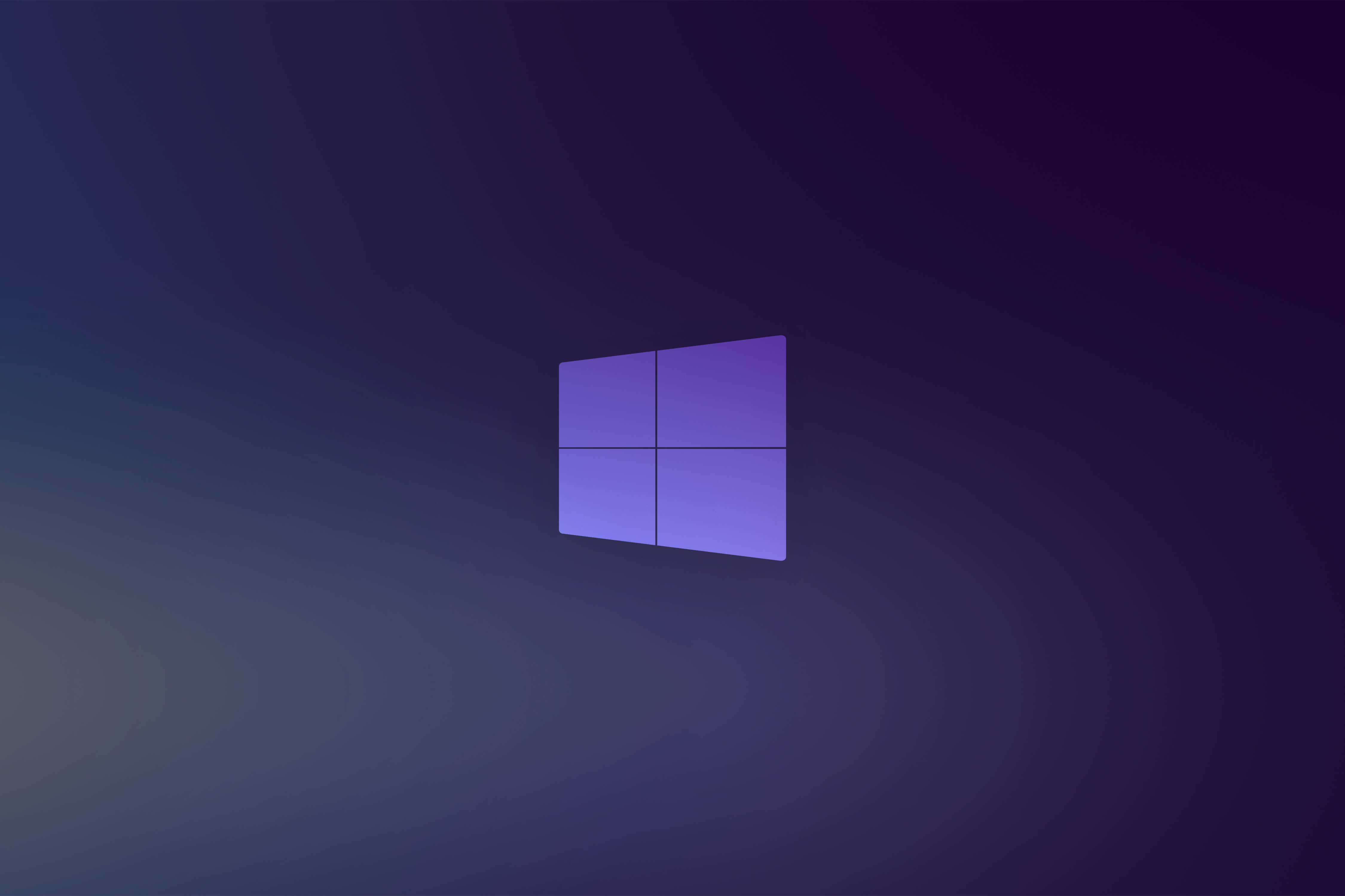 紫 Windows 10 高清 壁紙 — 一個發光的紫色Windows標誌，居中於帶有柔和漩渦圖案的深藍色漸變背景上。