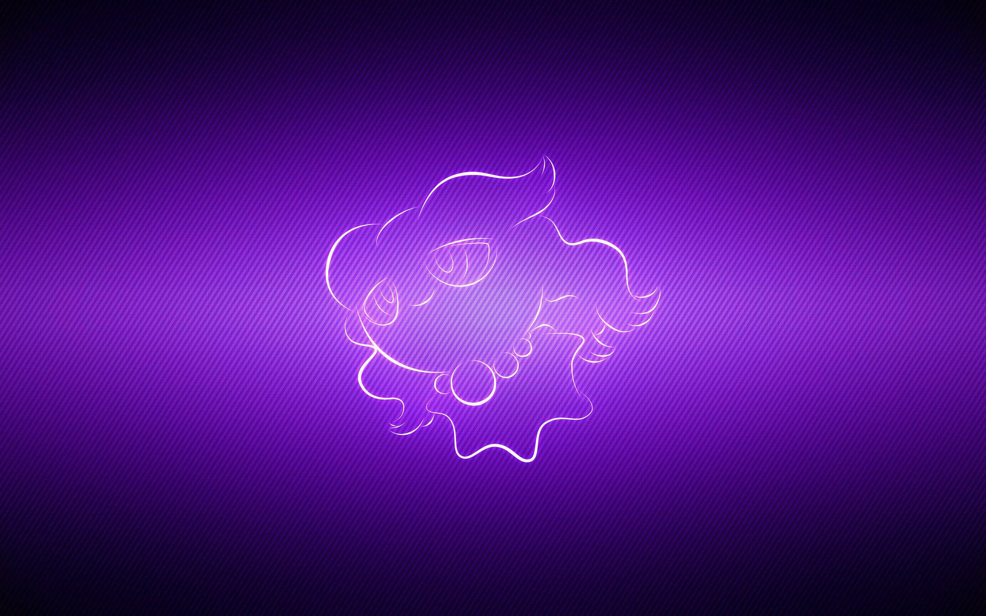 紫光背景中的Misdreavus剪影 壁紙 — 一個發光的白色線條藝術剪影，描繪一個風格化的生物，有眼睛和飄逸的頭髮，背景是帶有對角線條的紫色漸變背景。