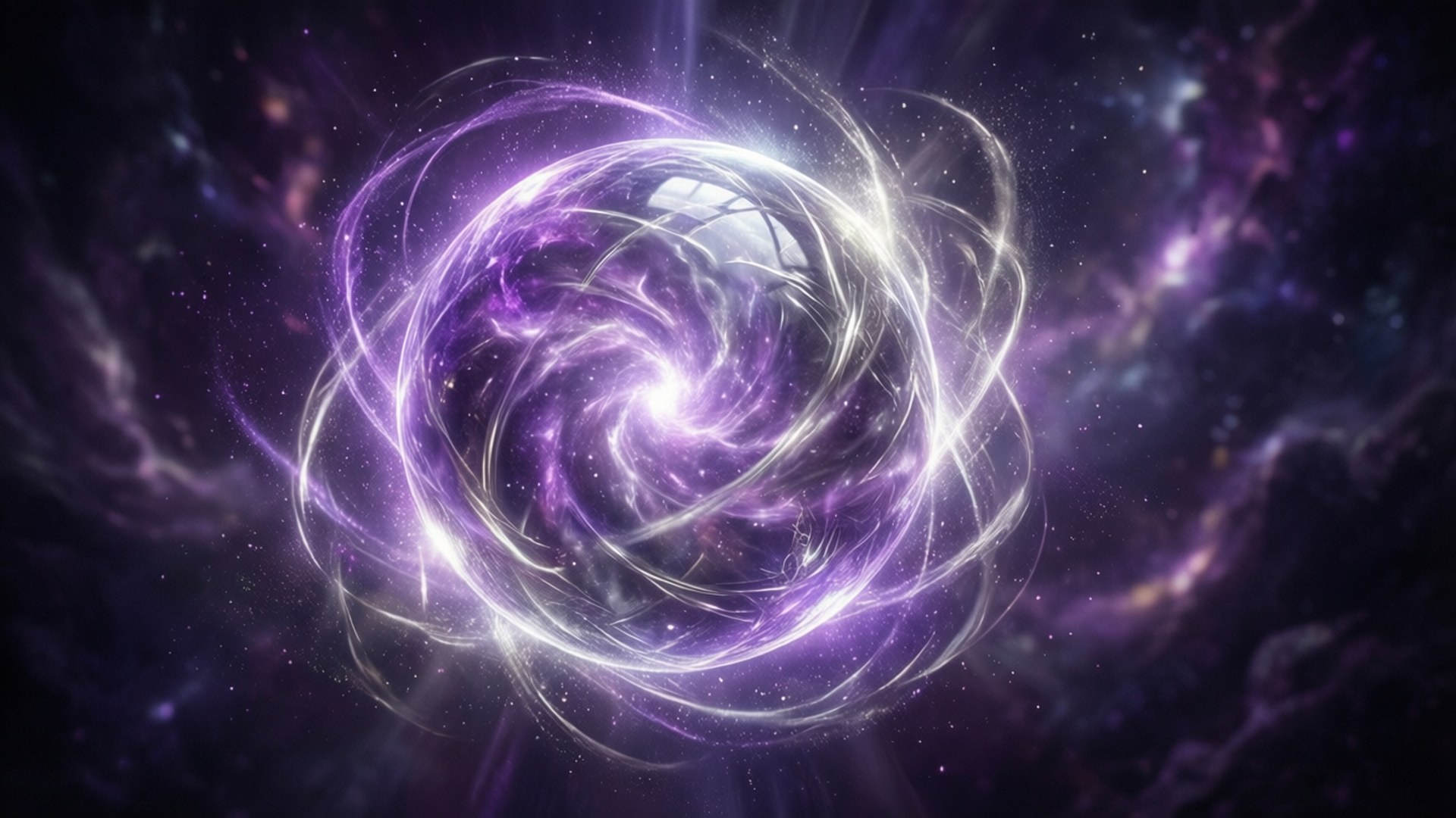 在繁星點點的星雲中，一個發光的紫色和白色宇宙漩渦。