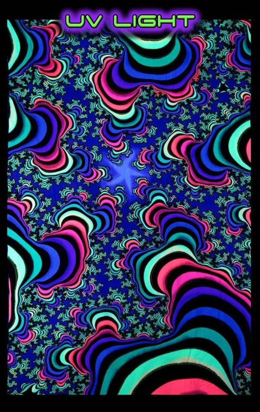 深藍色背景上紫外光下發光的霓虹迷幻波浪圖案