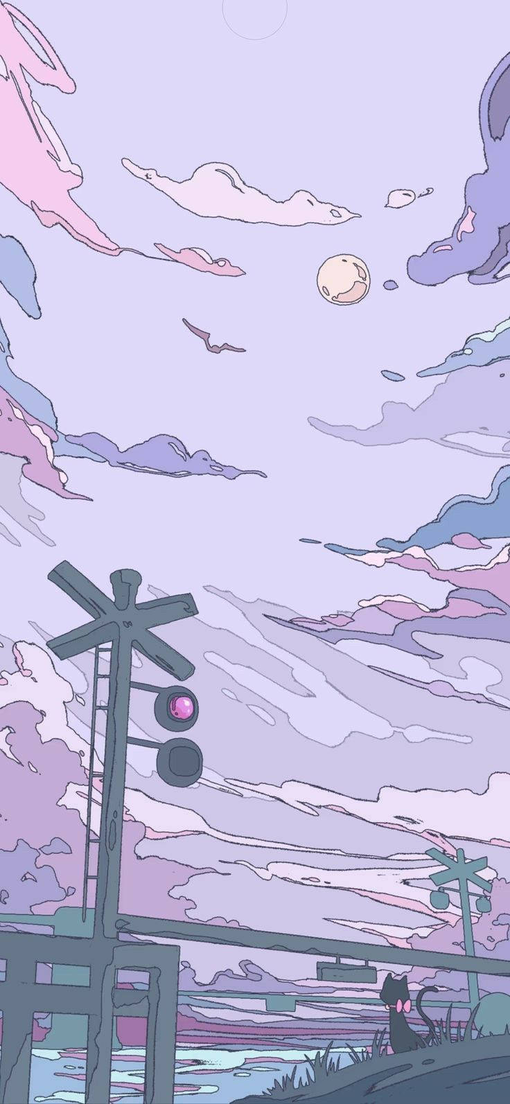 一隻貓坐在鐵路平交道下，背景是夢幻的粉彩天空，有雲朵和月亮。