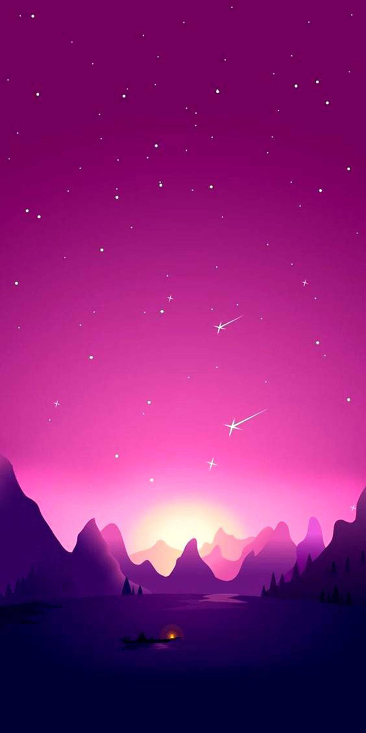 紫夜繁星安卓壁紙 壁紙 — 寧靜的紫色暮色景觀，星空和流星在剪影山脈上空閃耀，一艘孤獨的小船在平靜的水面上發出溫暖的光芒。