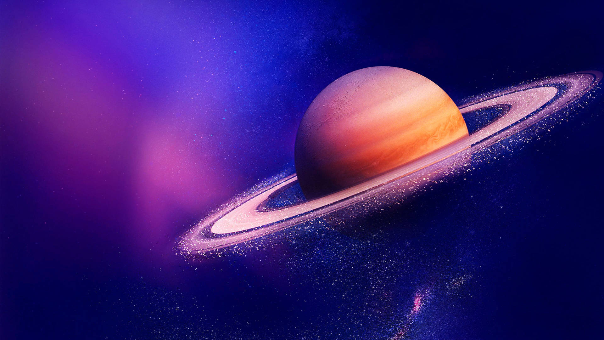 土星在色彩繽紛的宇宙星雲中帶有發光的光環。