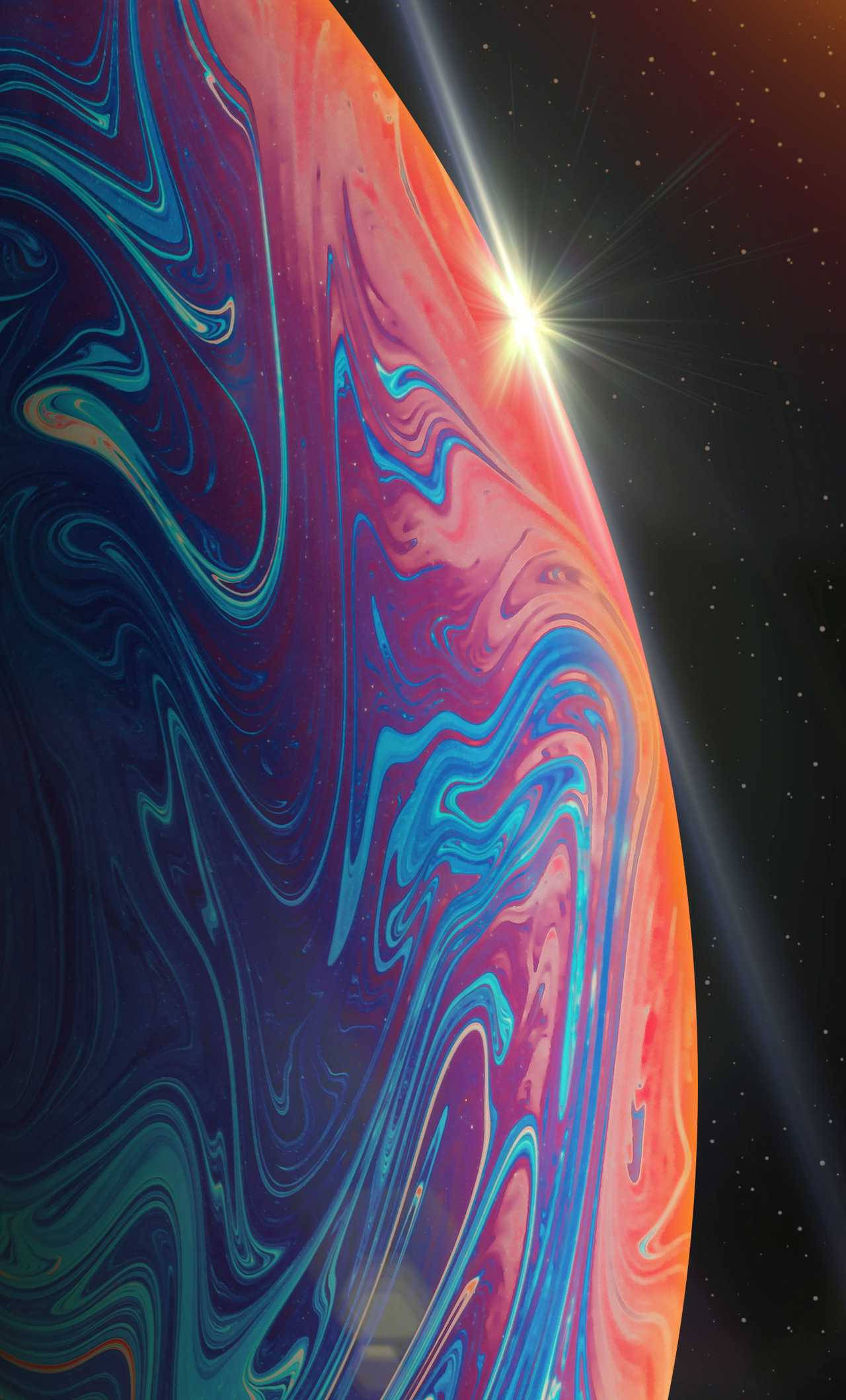 紫橙星球主題 iPhone 13 Pro 壁紙 — 一顆充滿活力的旋轉行星，帶有火熱的橙色和電光藍色調，在深空中一顆璀璨的恆星下閃耀。