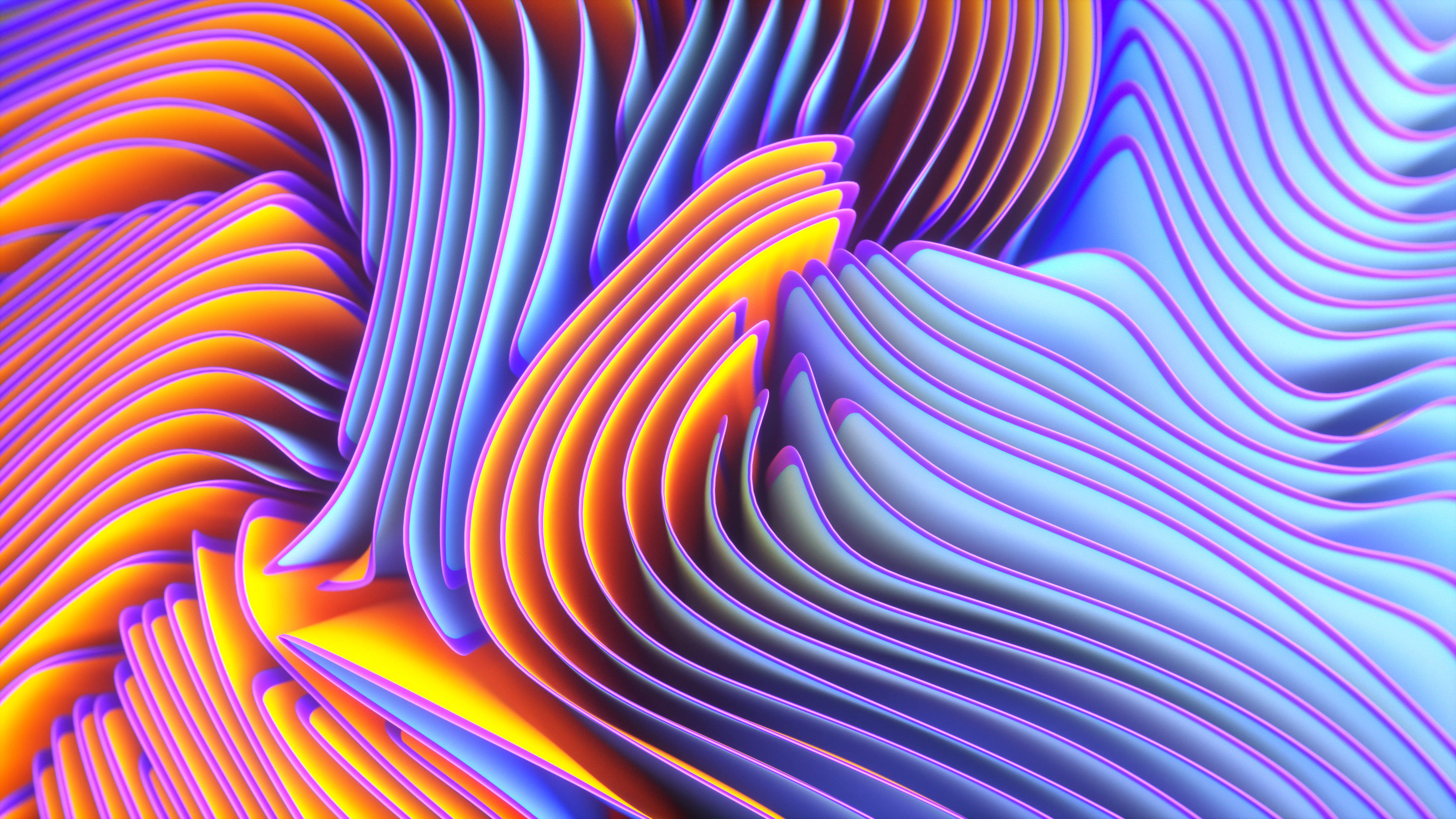 紫橙雙色紋理 4D 超高清 壁紙 — 充滿活力的橙色和藍色霓虹波浪在迷人的3D渲染抽象圖案中蕩漾。