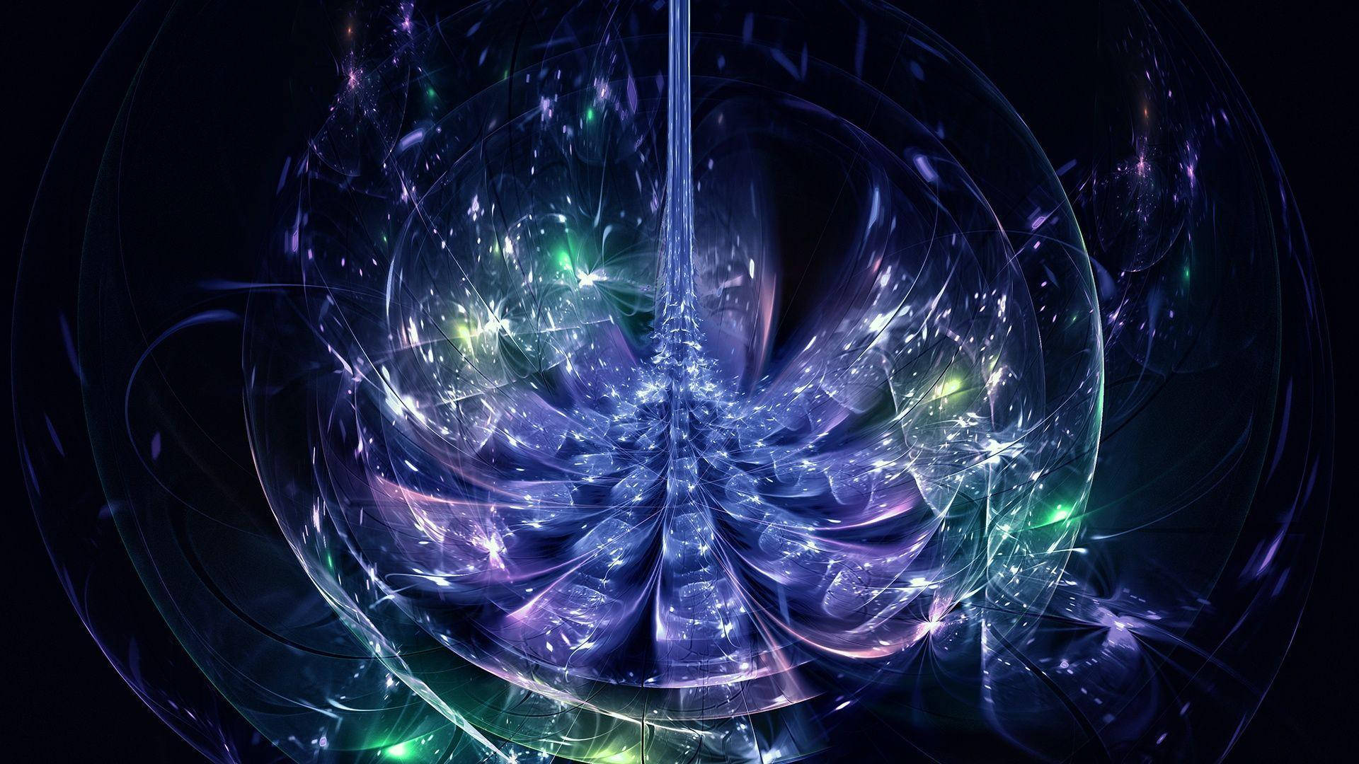 紫水晶蓮花分形圖案 壁紙 — 一幅迷人的數碼分形藝術作品，在黑暗的宇宙背景下呈現發光的紫色和綠色能量螺旋。