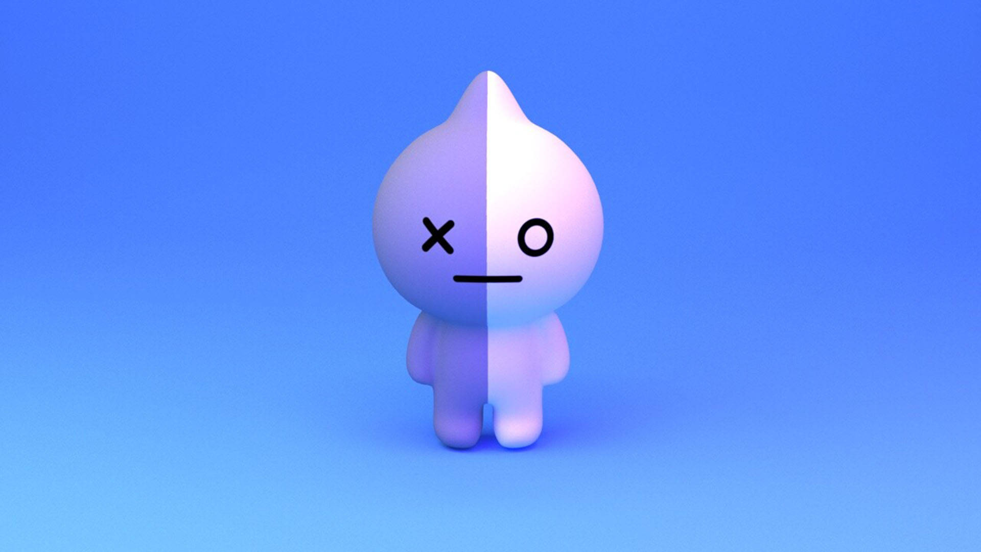 紫白配色Van BT21 壁紙 — 一個可愛的白色卡通角色從中間分開，有一隻眼睛和一隻鬥雞眼，背景是漸變藍色。