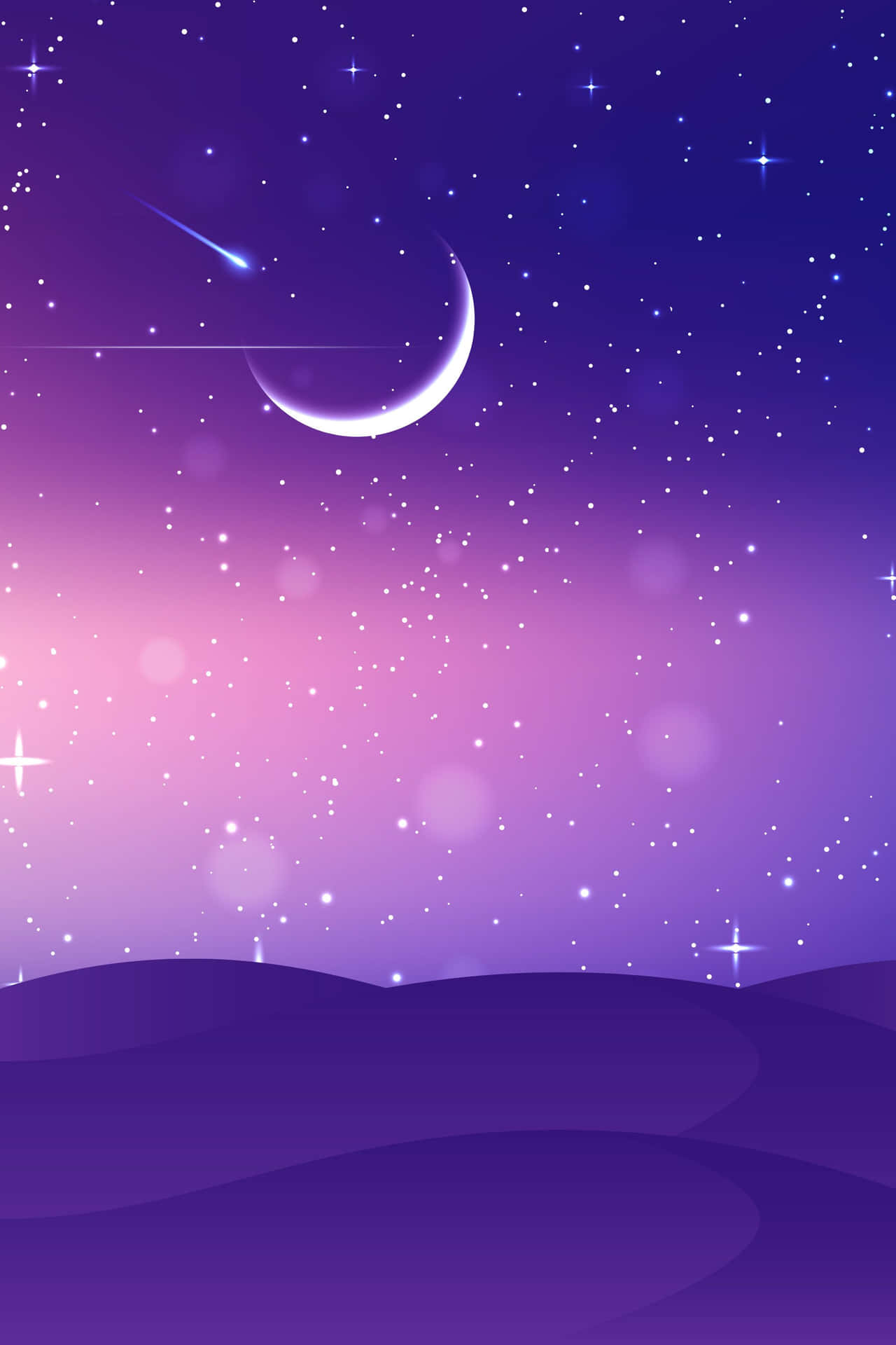 紫粉夜空月色美圖 壁紙 — 寧靜的紫色夜空，新月和流星在點綴著星星的柔和起伏山丘之上。