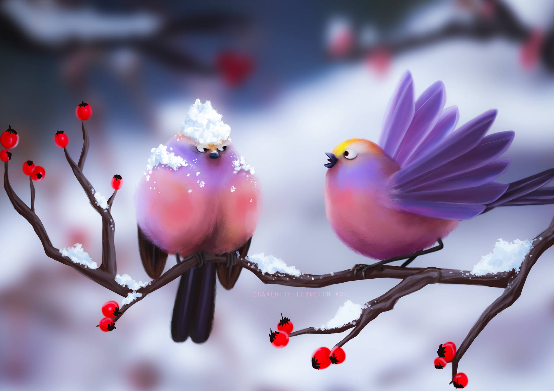 冬天，兩隻色彩繽紛的鳥兒站在帶有紅色漿果的雪枝上。