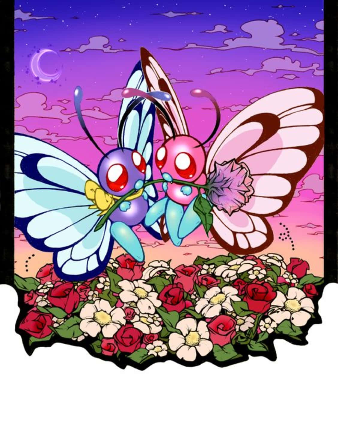 兩隻卡通蝴蝶在夜間玫瑰園上方共享一朵花。
