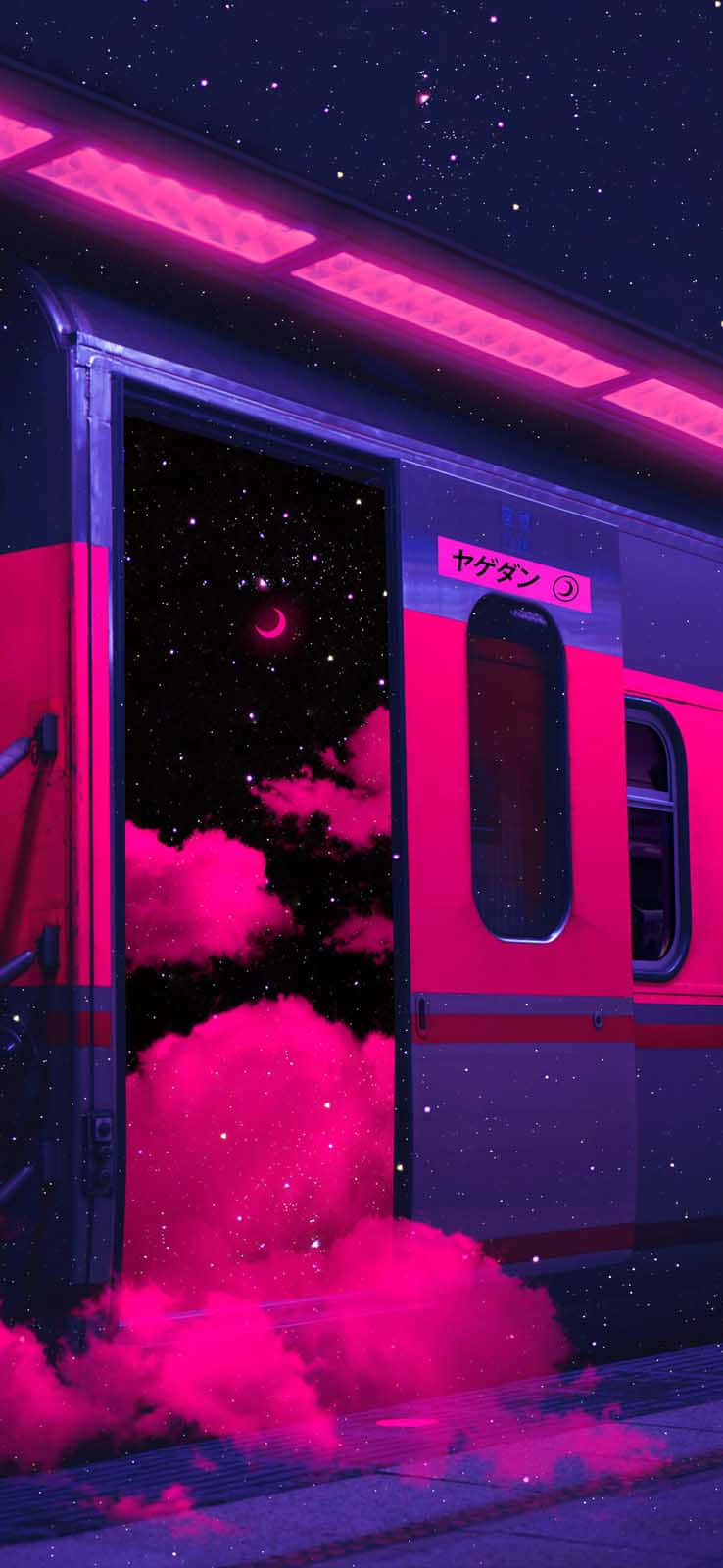 紫紅色日本列車起程 壁紙 — 一扇霓虹粉紅色的火車門打開，通往一個帶有新月和發光雲彩的宇宙夜空。