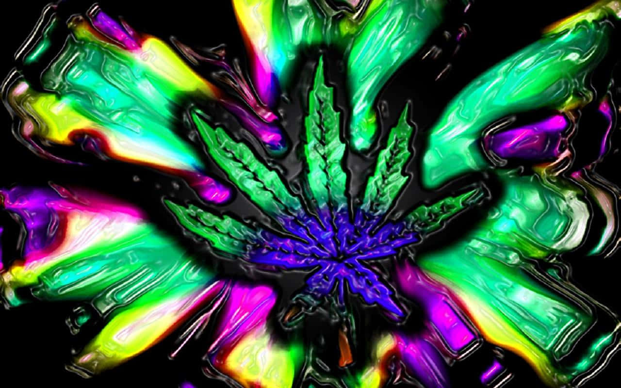 黑色背景上螢光綠、紫和黃色的抽象大麻葉